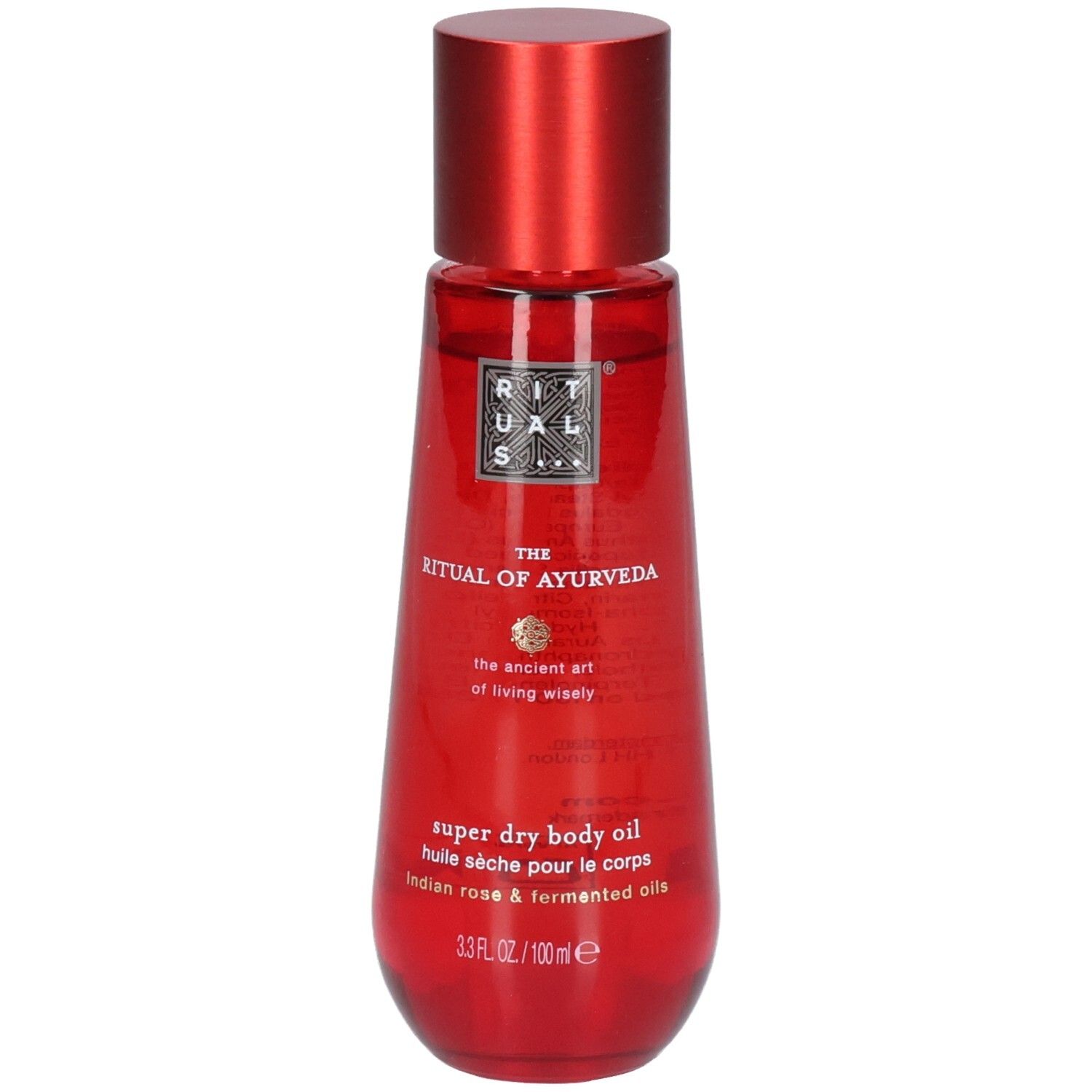 Bouteille rouge avec bouchon rouge, RITUALS The Ritual of Ayurveda Super Dry Body Oil.