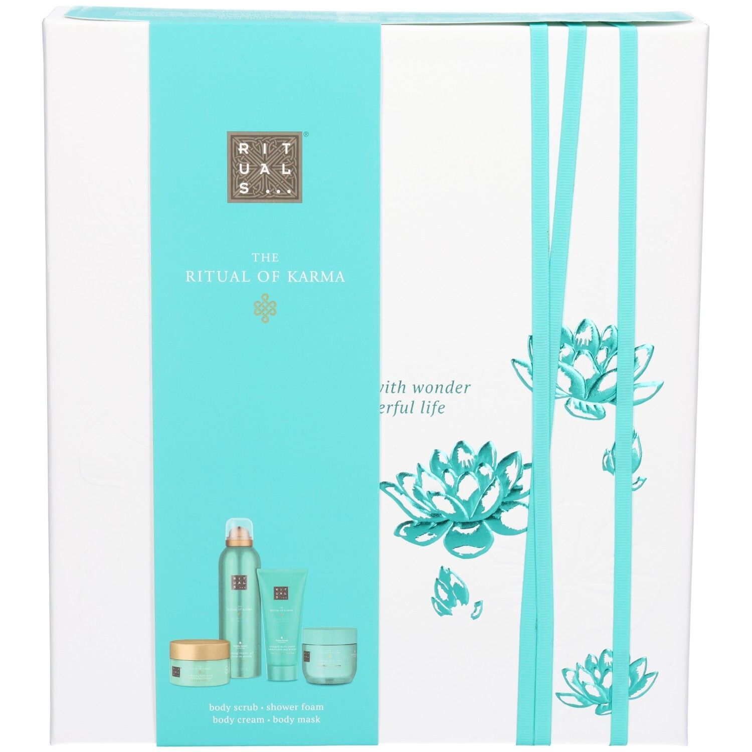 RITUALS The Ritual of Karma geschenkset met vier lichaamsproducten en lotusbloemdessin.