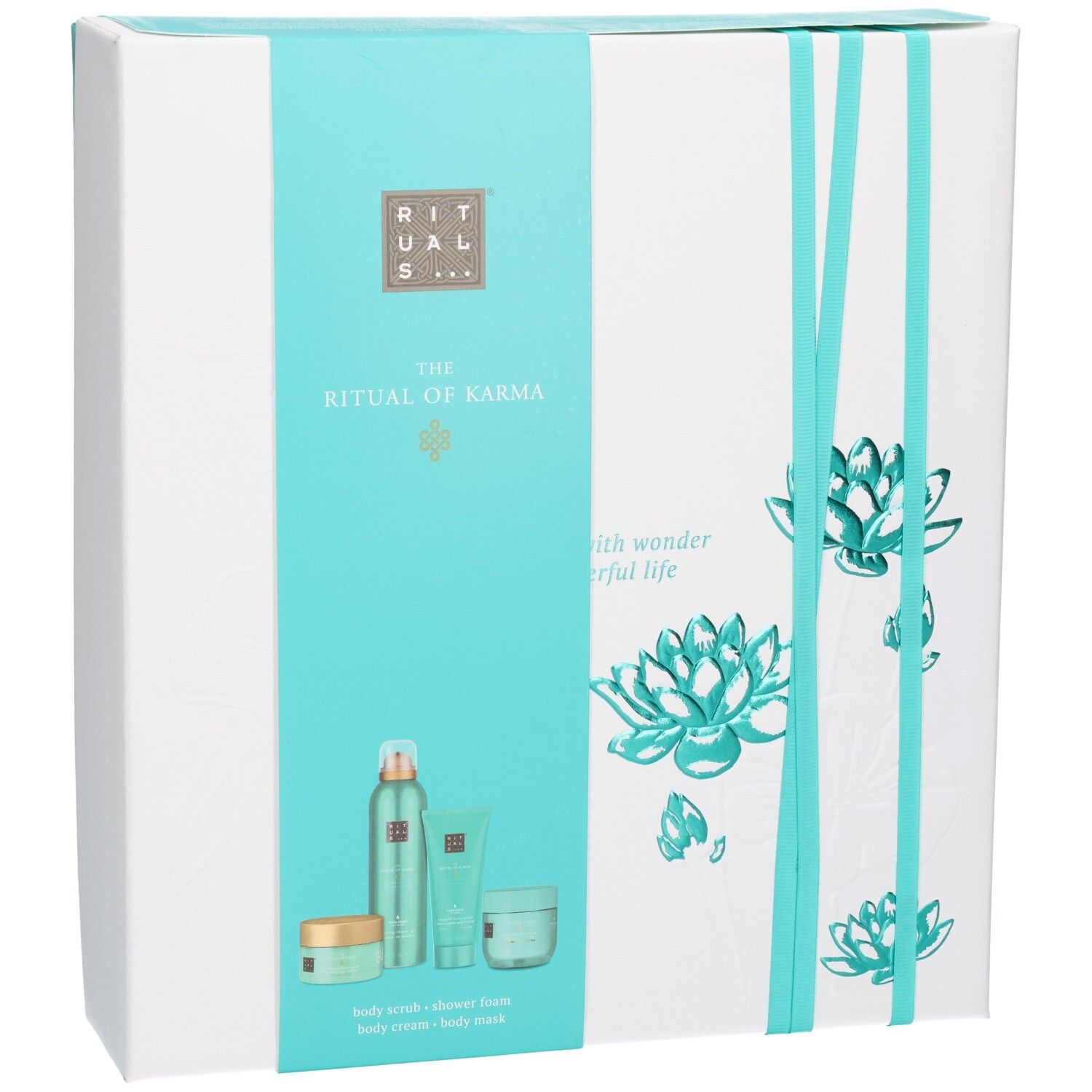 RITUALS The Ritual of Karma geschenkset met vier lichaamsproducten en lotusbloemdessin.