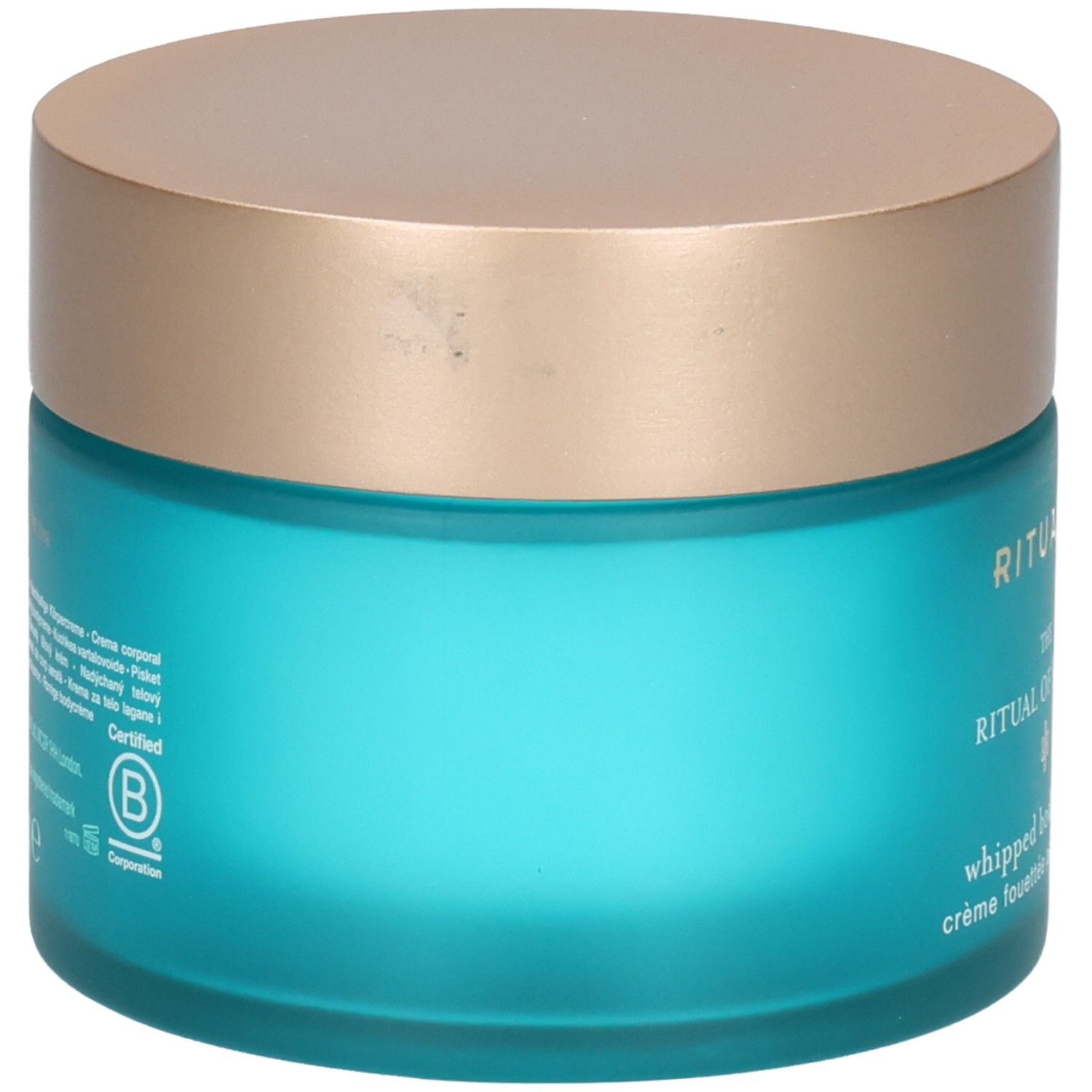 RITUALS The Ritual of Karma Body Cream, zijaanzicht van de blauwe glazen pot met gouden deksel.