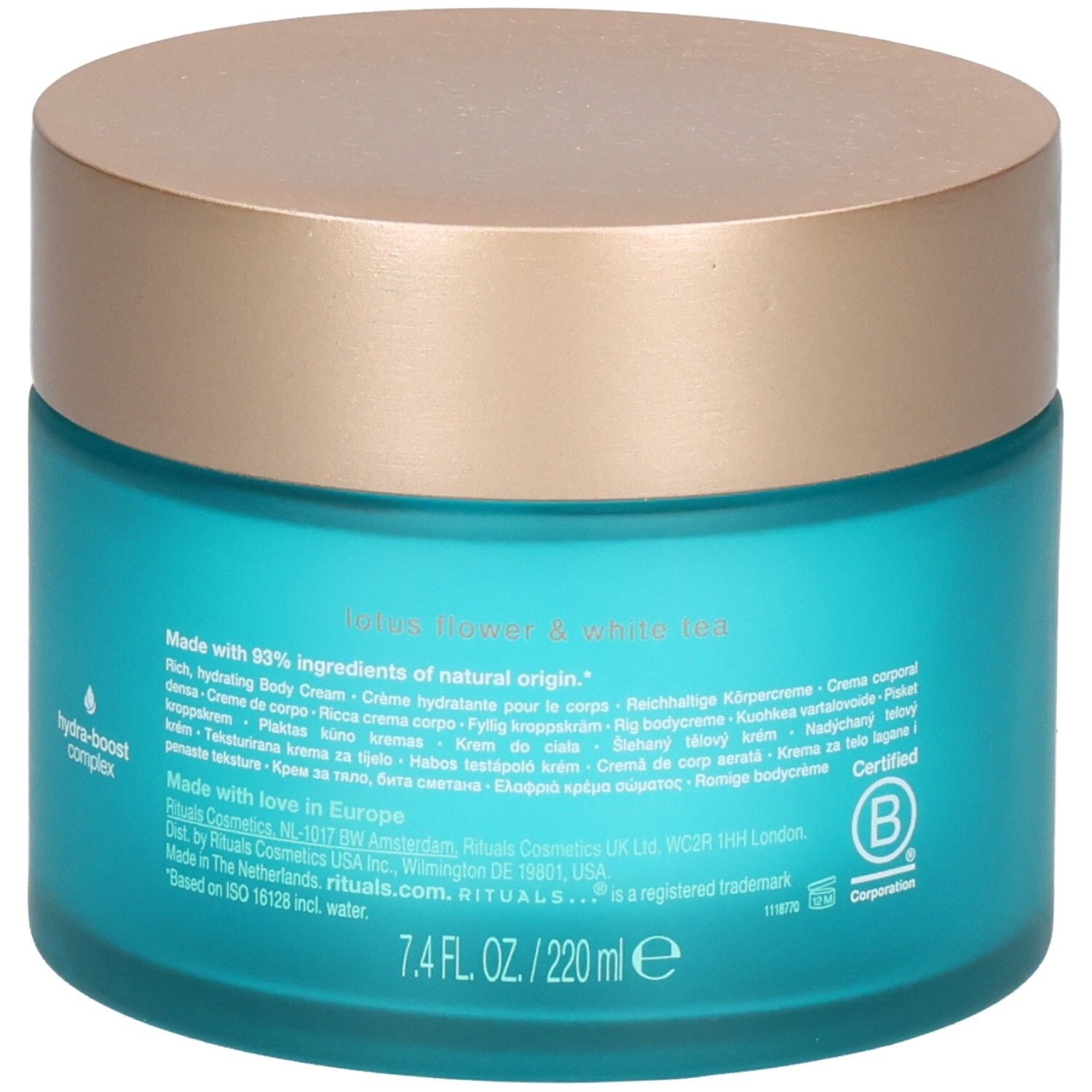 RITUALS The Ritual of Karma Body Cream, achterkant van de blauwe glazen pot met productinformatie en certificeringen.
