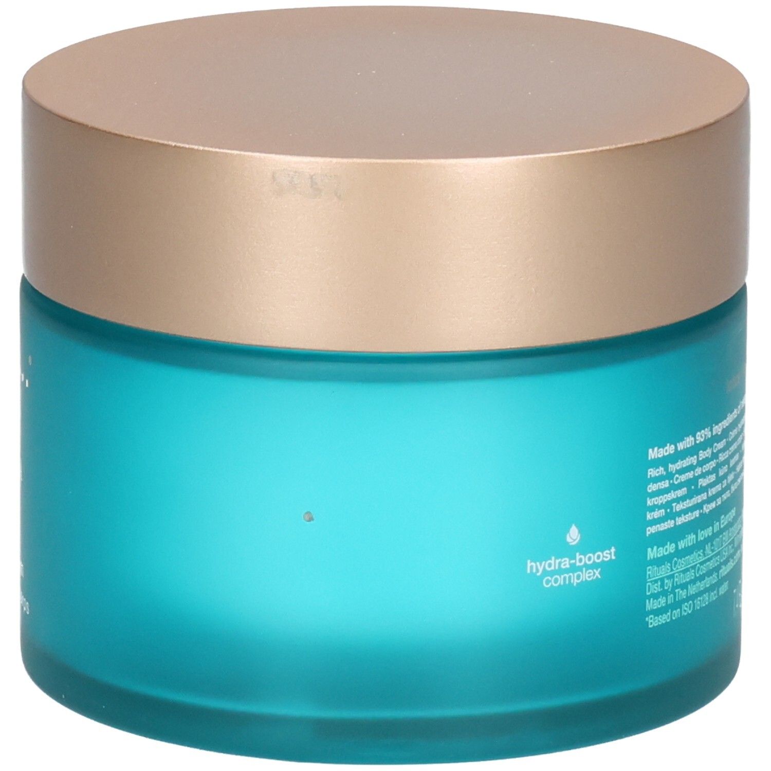RITUALS The Ritual of Karma Body Cream, zijaanzicht van de blauwe glazen pot met gouden deksel en Hydra-Boost Complex-symbool.