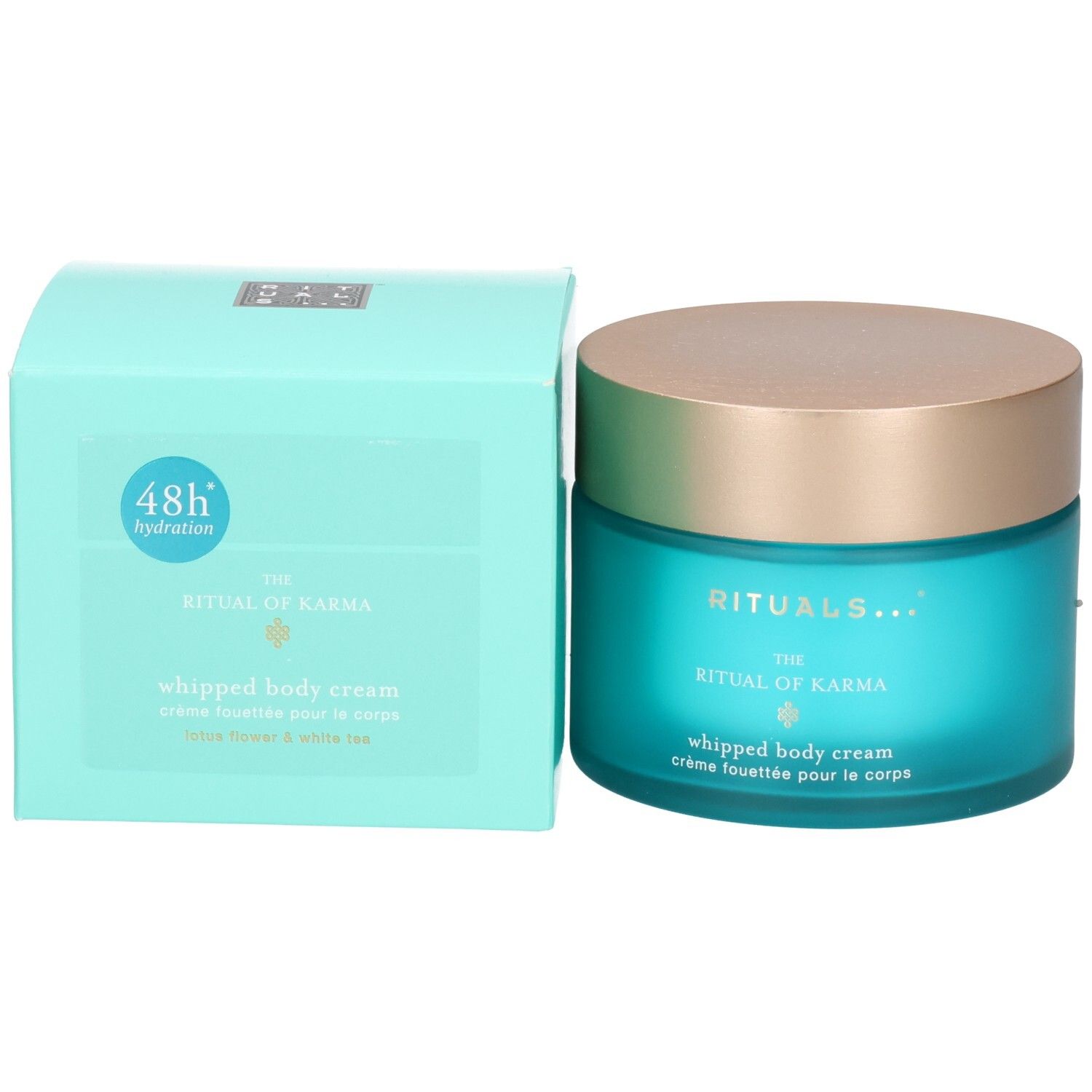 RITUALS The Ritual of Karma Body Cream naast de mintgroene verpakking met 48h Hydration-symbool.