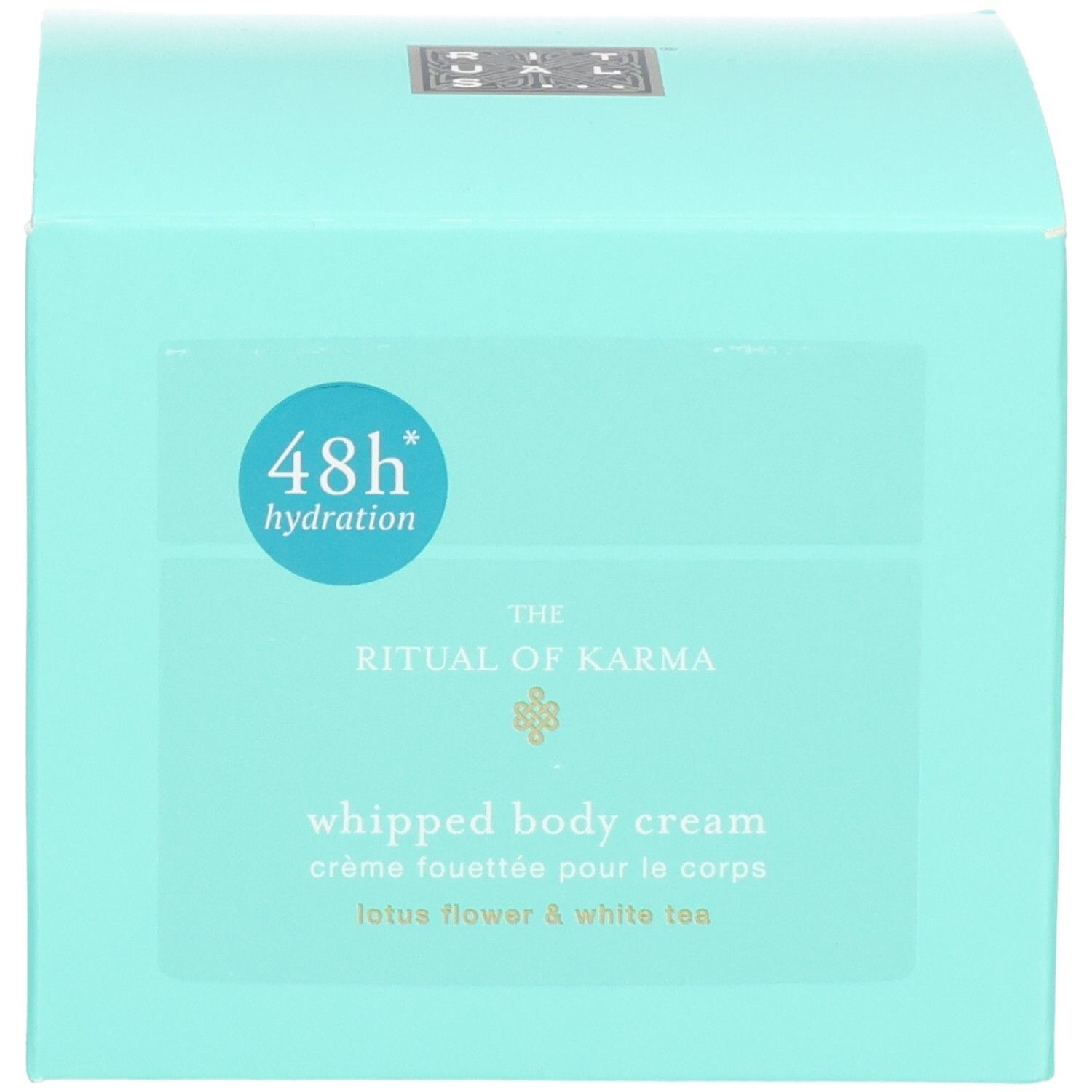 Mintgroene verpakking voor RITUALS The Ritual of Karma Body Cream met 48h Hydration-symbool.