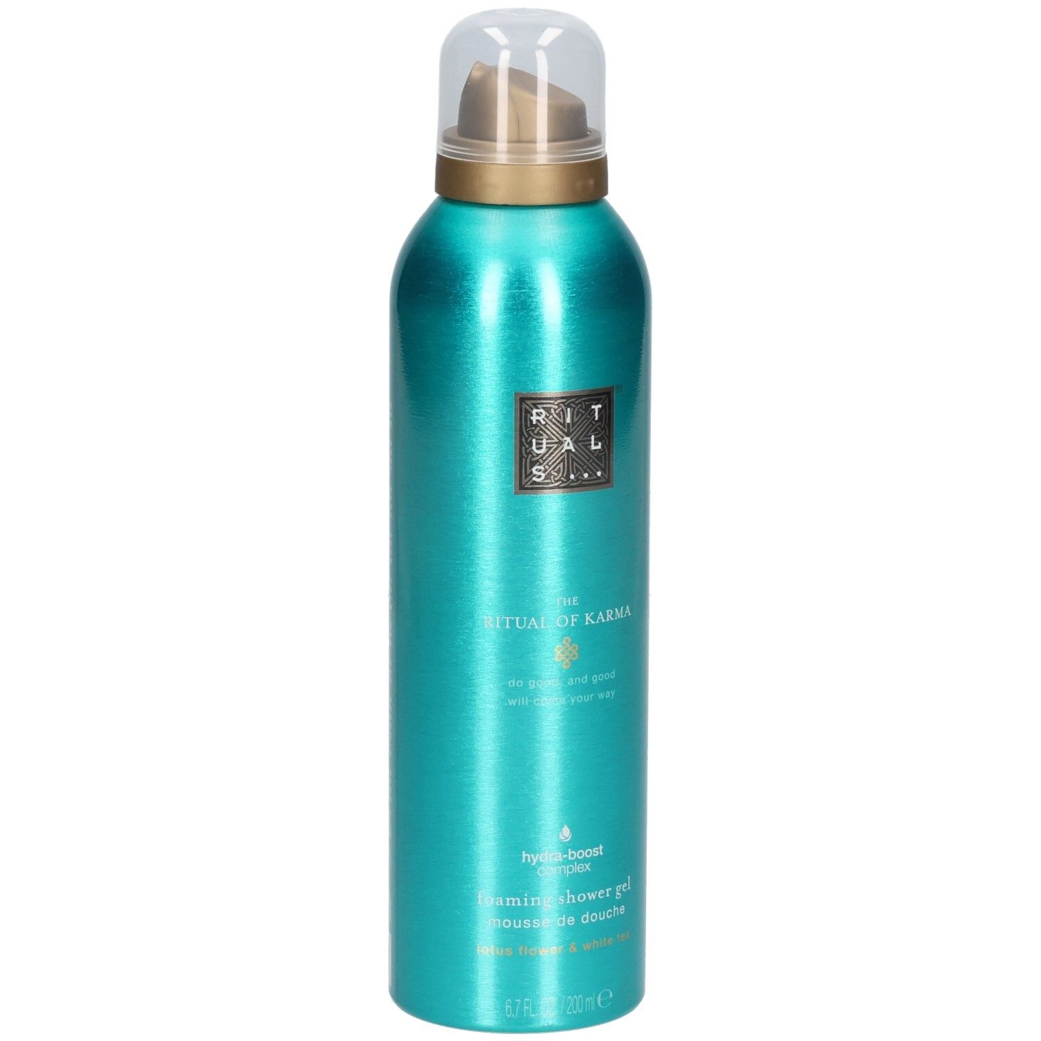 Flacon de gel douche turquoise avec pompe dorée et capuchon transparent. Contient du texte.