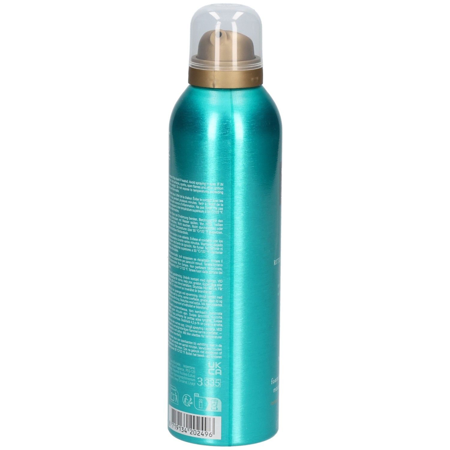 Arrière d'un flacon de gel douche turquoise avec informations détaillées sur le produit et code-barres.