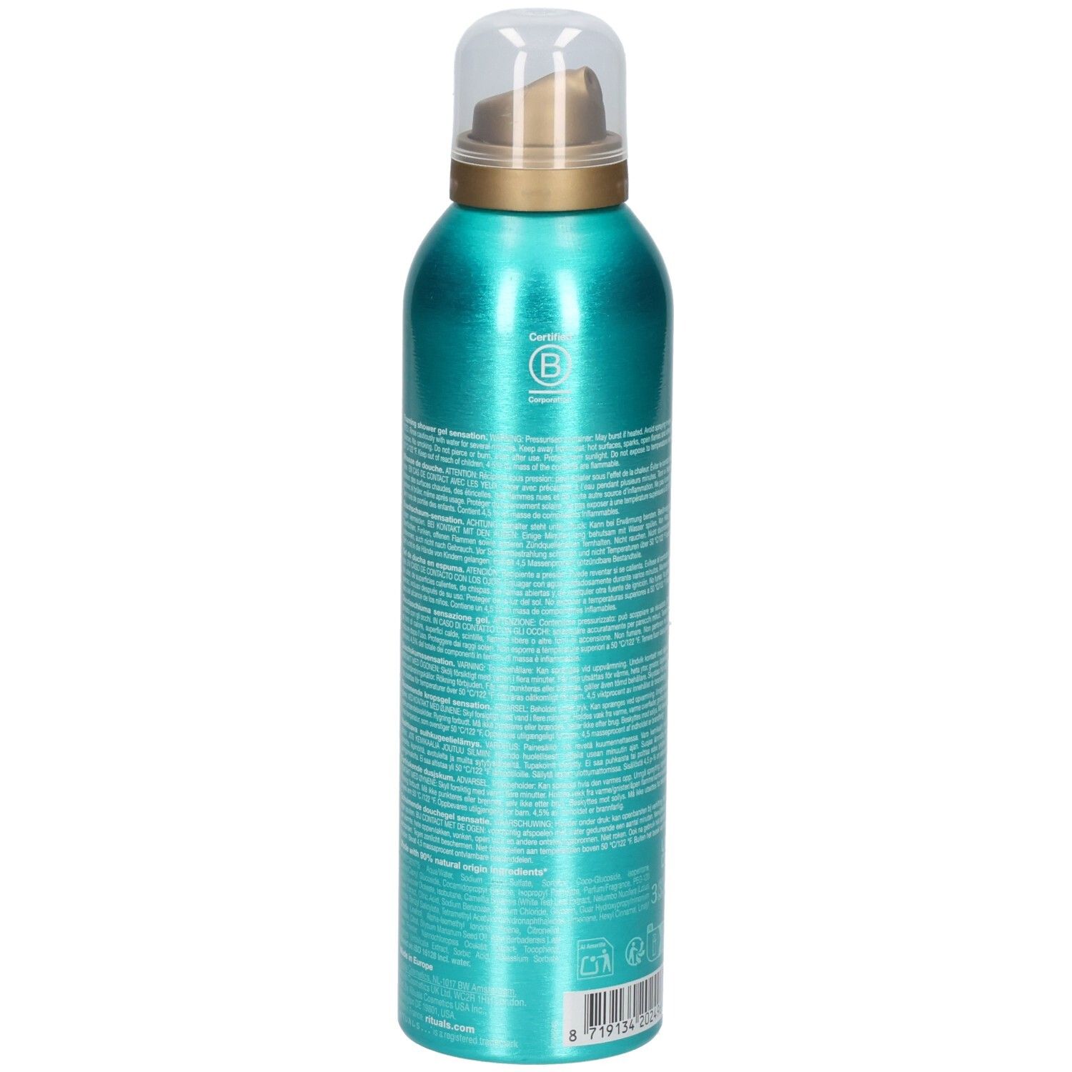 Vue latérale d'un flacon de gel douche turquoise avec texte et code-barres au dos.