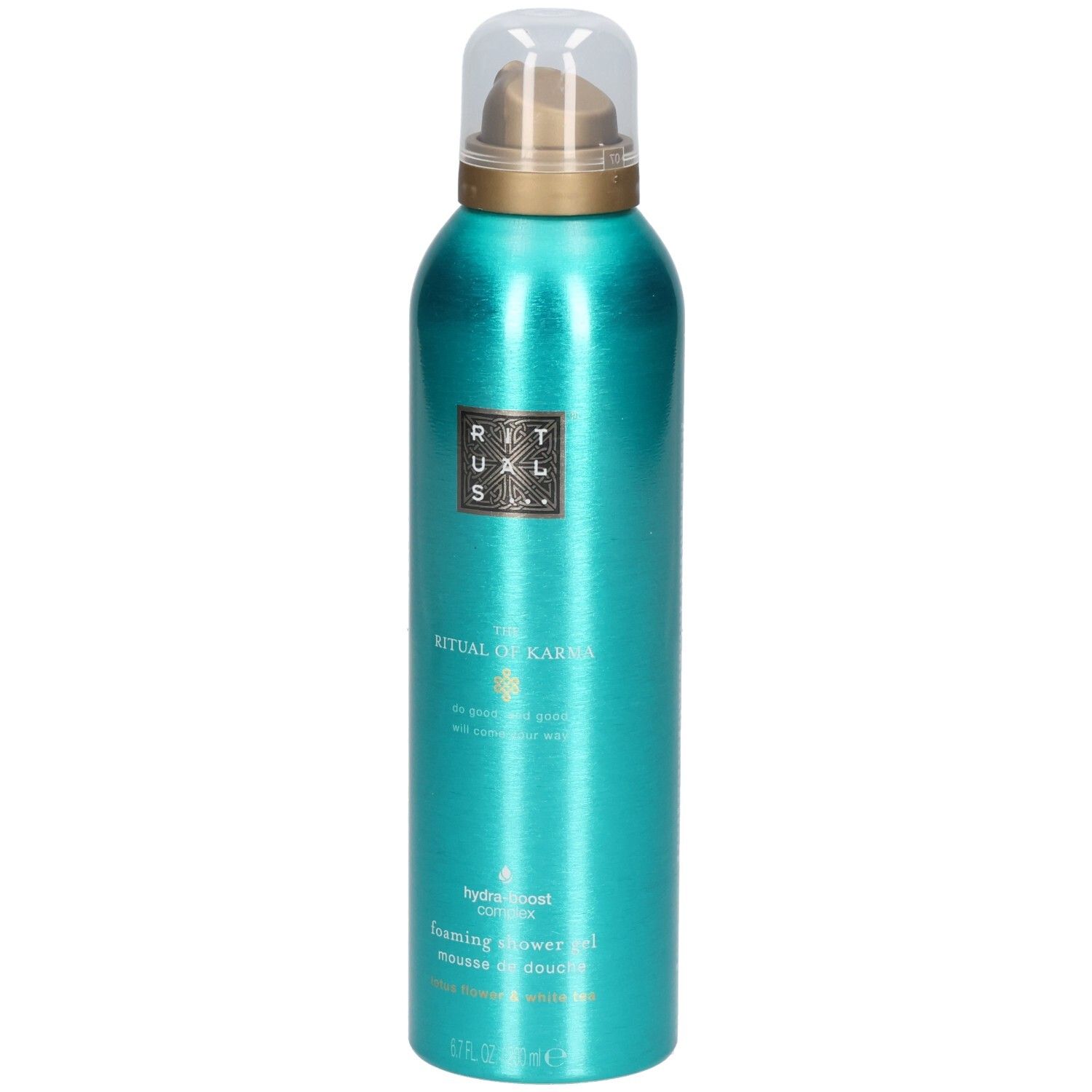 Flacon de gel douche turquoise avec pompe dorée et capuchon transparent. Contient du texte.
