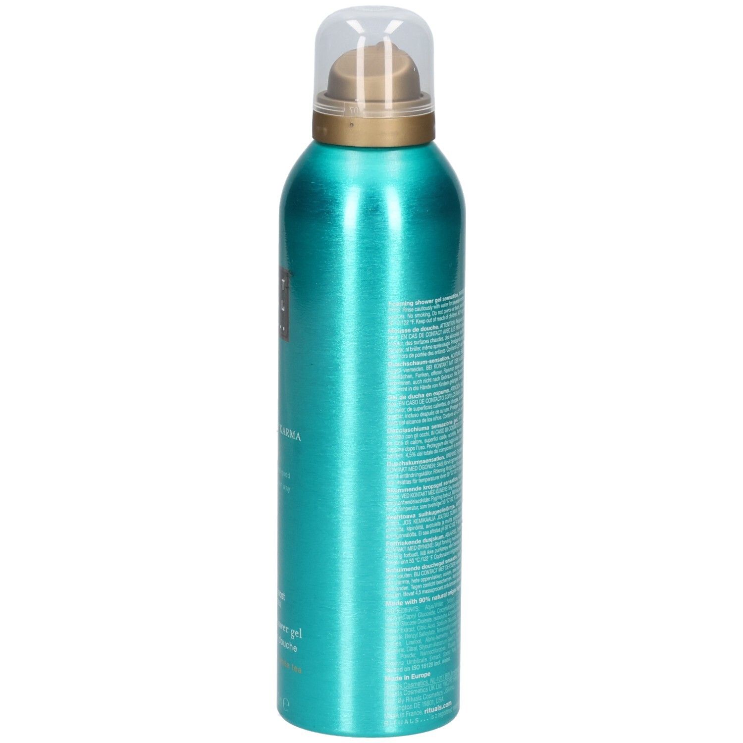 Vue latérale d'un flacon de gel douche turquoise avec informations détaillées sur le produit.