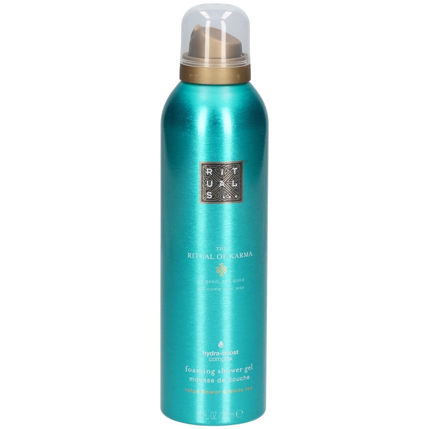 Flacon de gel douche turquoise avec pompe dorée et capuchon transparent. Contient du texte.