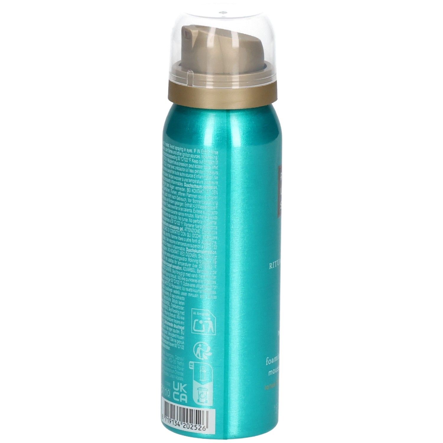 Achterkant van een turquoise douchegel fles met gedetailleerde productinformatie en barcode.