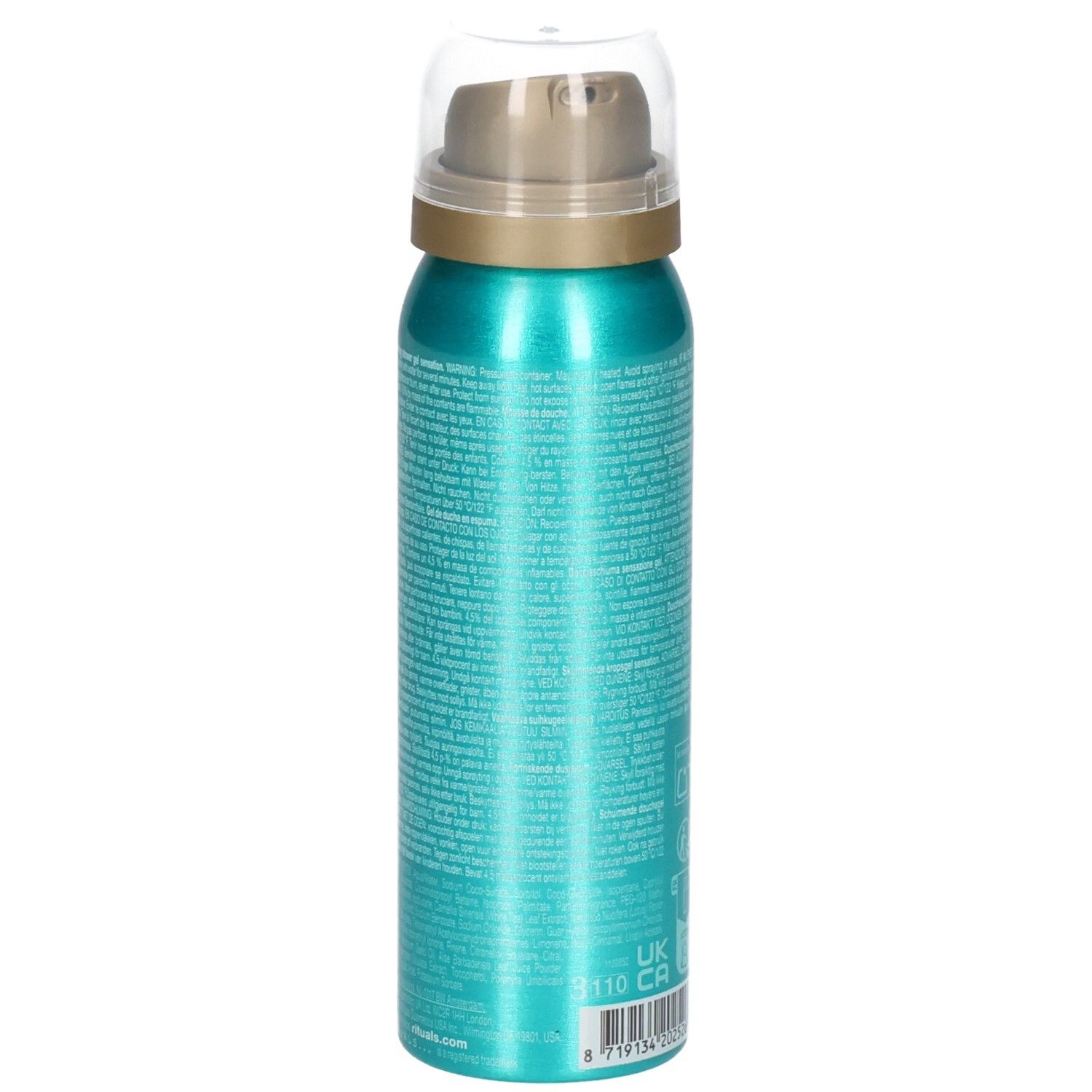 Zijaanzicht van een turquoise douchegel fles met pompdop en doorzichtige dop.