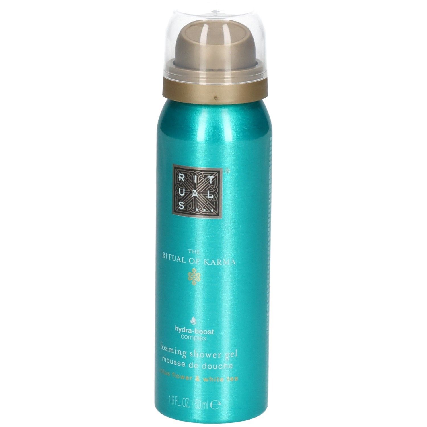 Turquoise douchegel fles met pompdop en doorzichtige dop. Gouden ring onder de pomp.