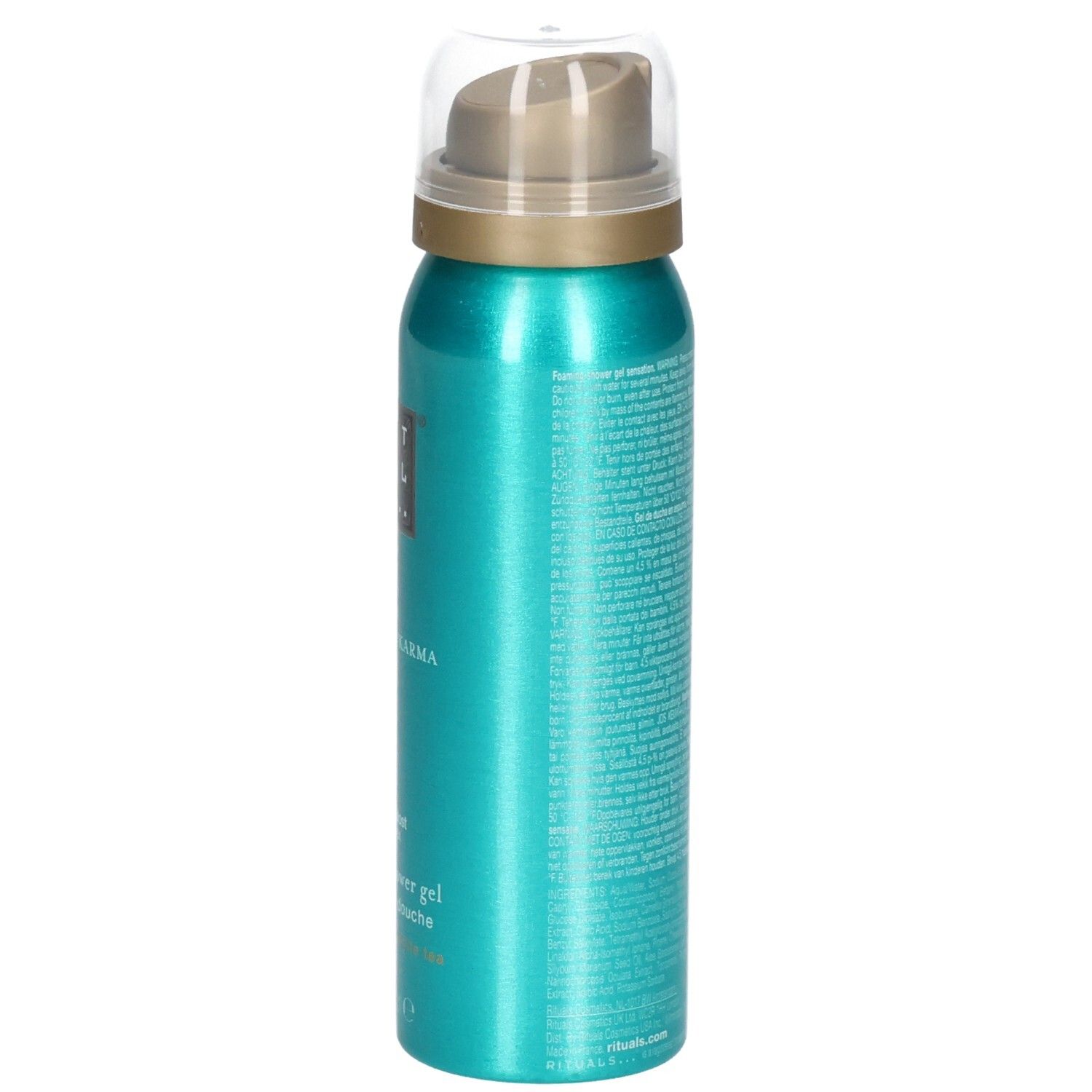 Zijaanzicht van een turquoise douchegel fles met pompdop en doorzichtige dop.