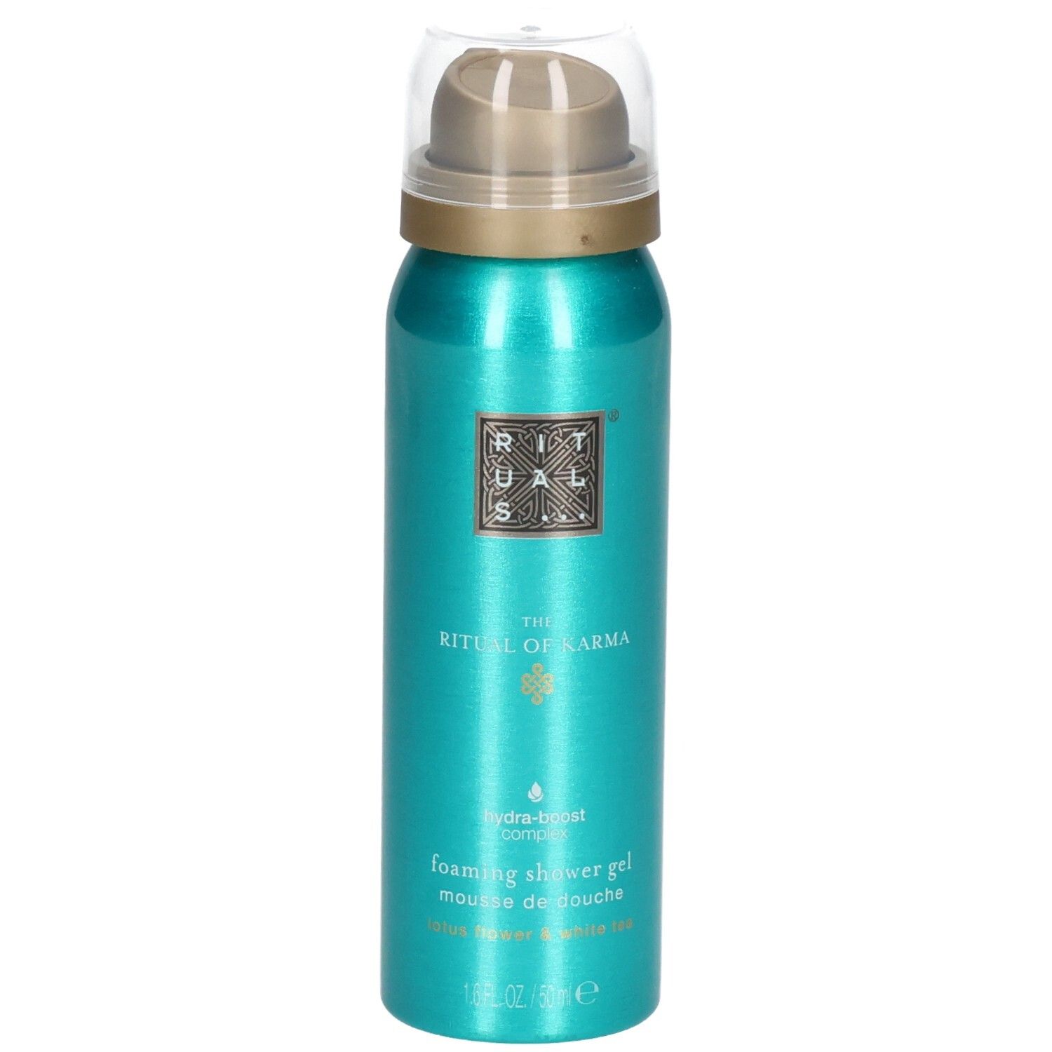 Turquoise douchegel fles met pompdop en doorzichtige dop. Gouden ring onder de pomp.