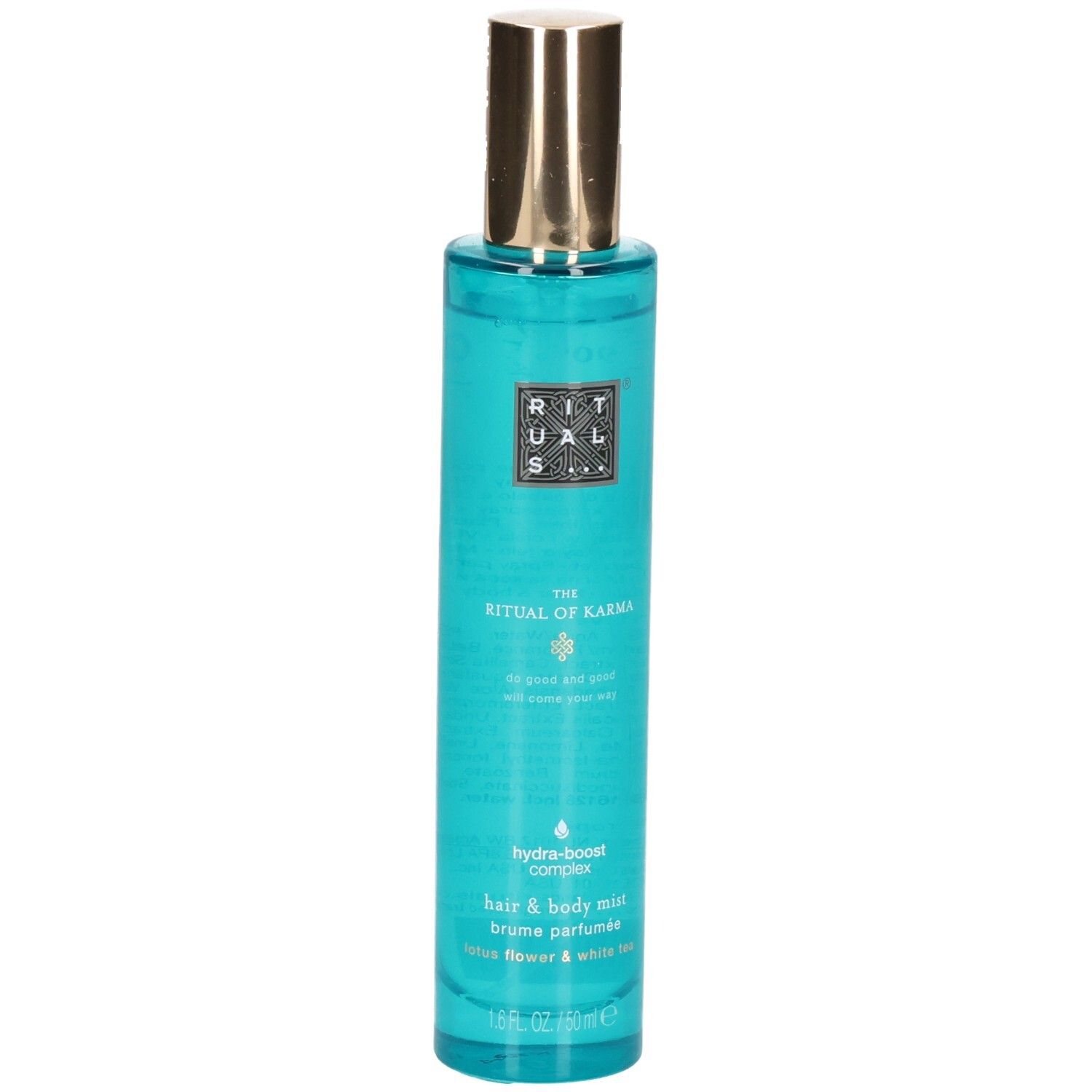 RITUALS The Ritual of Karma Haar & Body Mist met gouden dop en turquoise vloeistof.