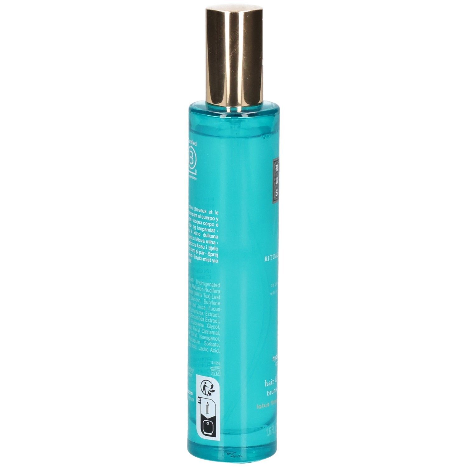 Achterkant van de RITUALS The Ritual of Karma Haar & Body Mist met ingrediënten en certificeringen.