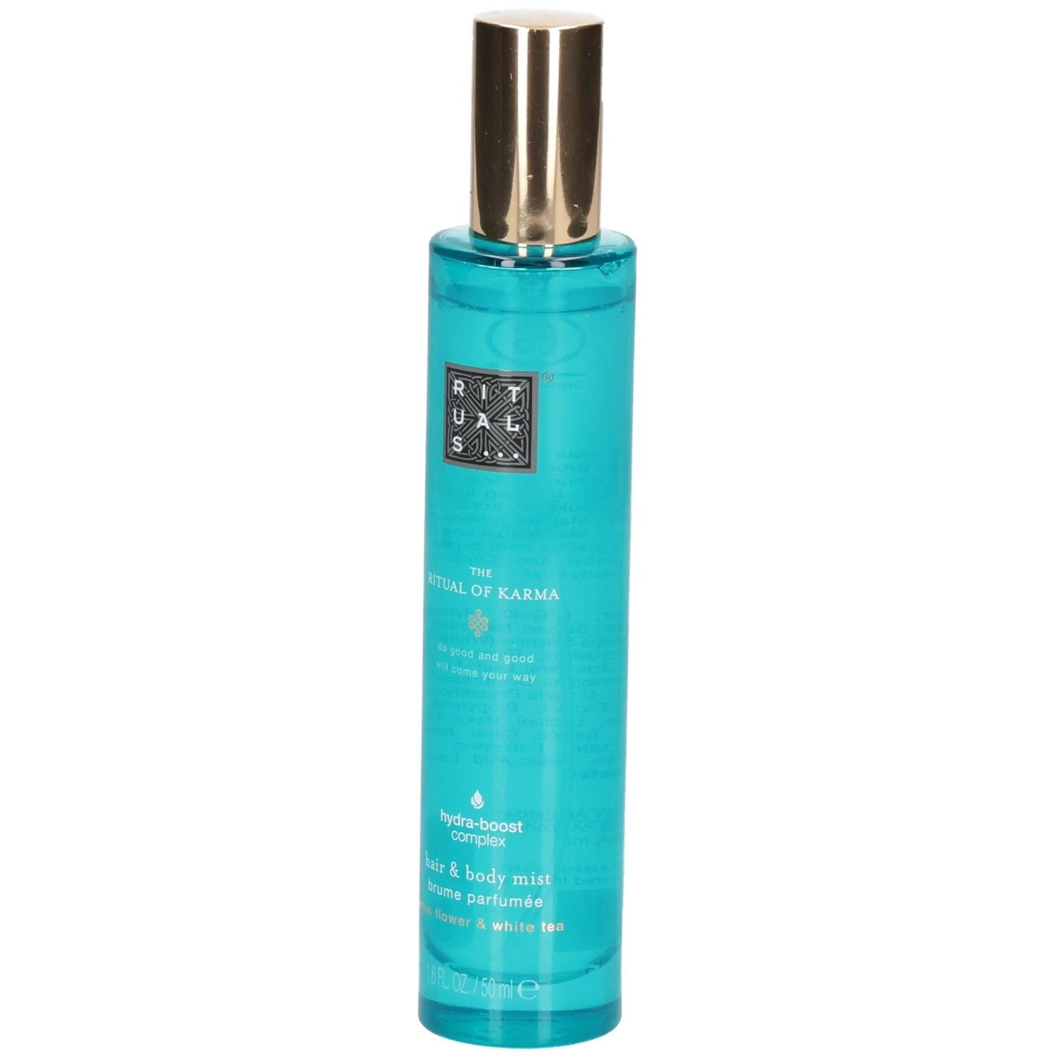 RITUALS The Ritual of Karma Haar & Body Mist met gouden dop en turquoise vloeistof.