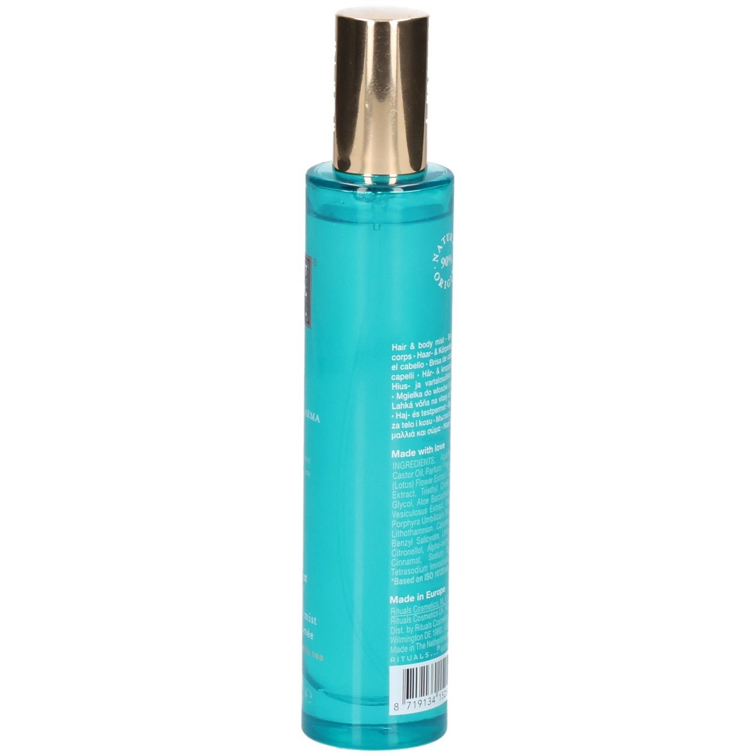 Achterkant van de RITUALS The Ritual of Karma Haar & Body Mist met ingrediënten en certificeringen.