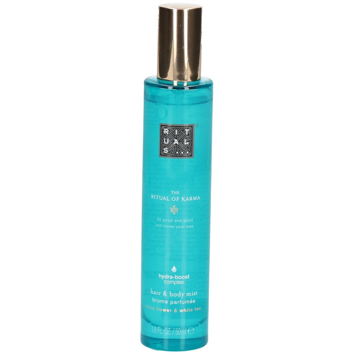 RITUALS The Ritual of Karma Haar & Body Mist met gouden dop en turquoise vloeistof.