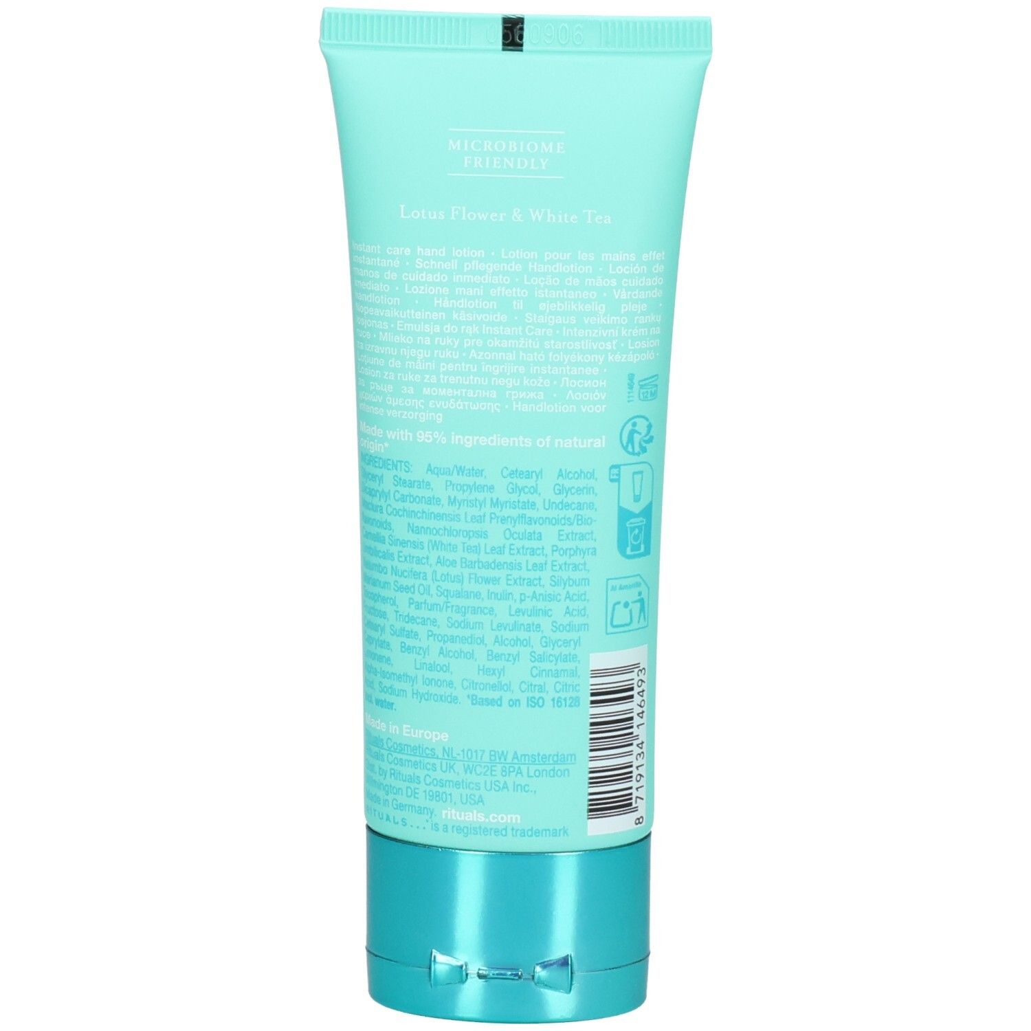 Arrière d'un tube turquoise avec ingrédients et instructions d'utilisation pour RITUALS The Ritual of Karma Hand Lotion.