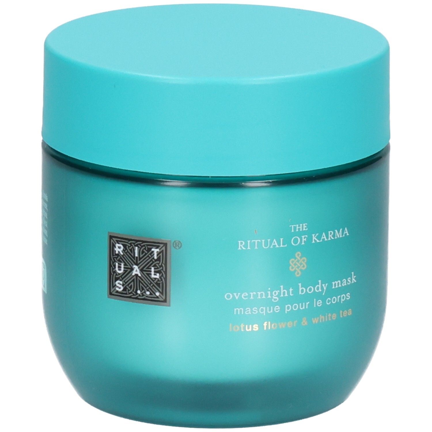 RITUALS The Ritual of Karma Overnight Body Mask, turquoise pot met productnaam en logo.
