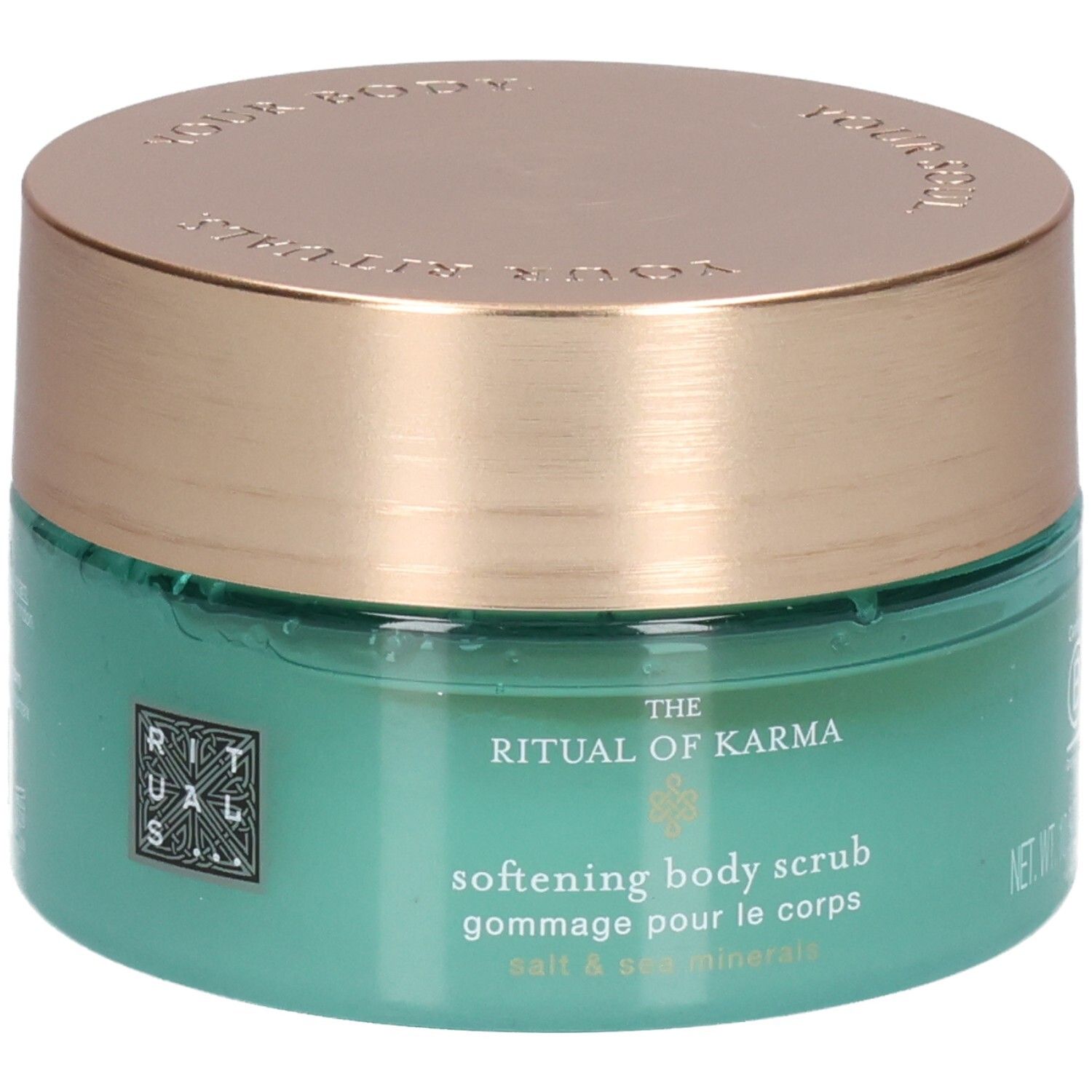 RITUALS The Ritual of Karma body scrub met zout & zee mineralen in een groen potje met goudkleurig deksel.