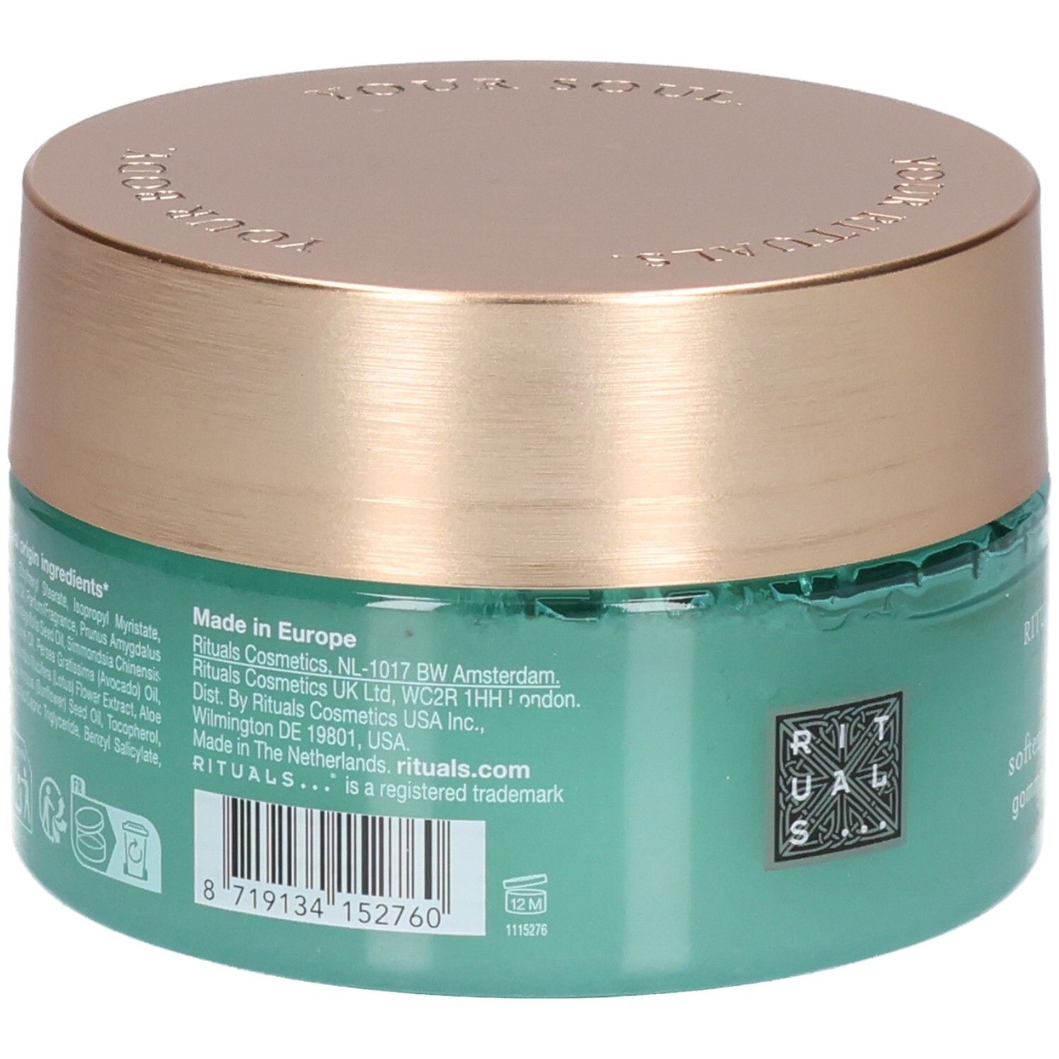 Achterkant van de RITUALS The Ritual of Karma body scrub met productie-informatie en barcode.