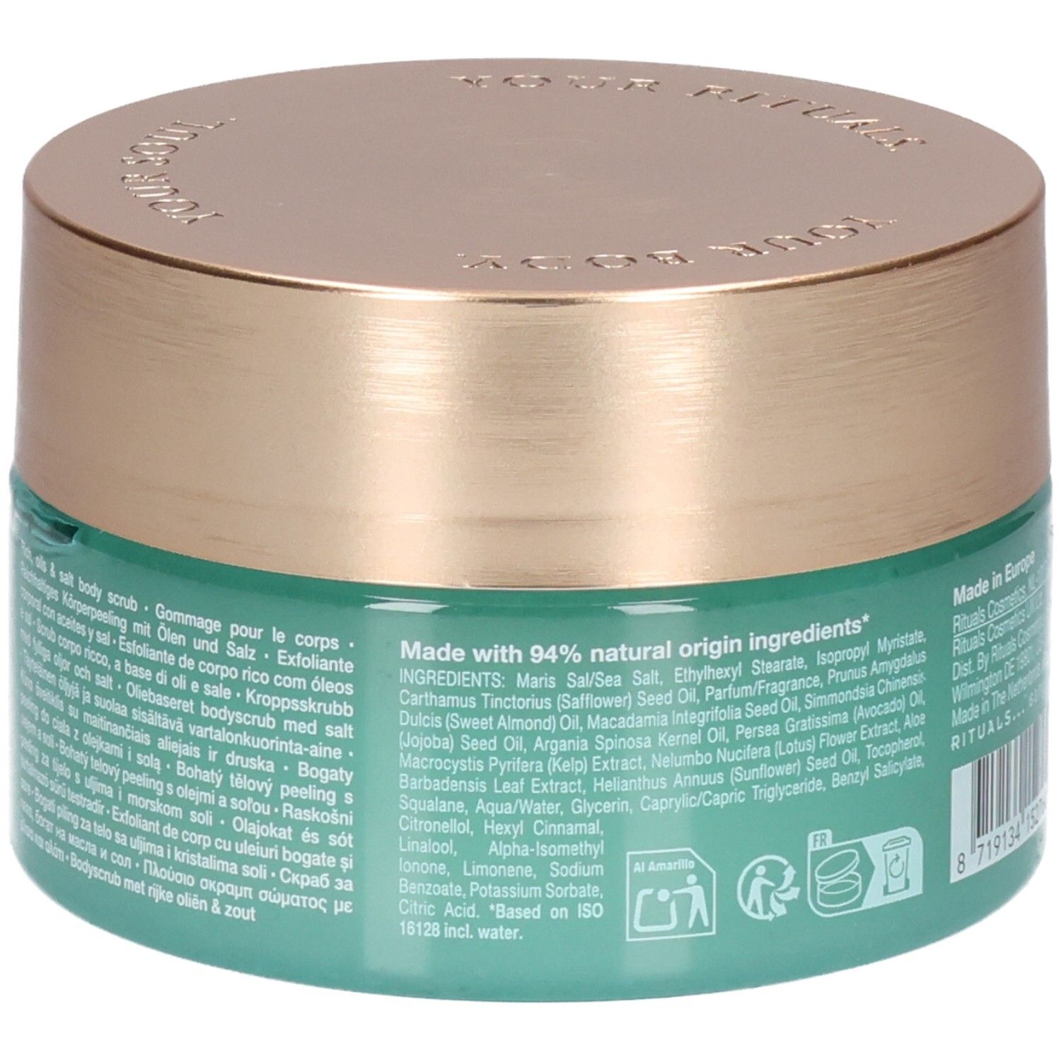 Achterkant van de RITUALS The Ritual of Karma body scrub met ingrediëntenlijst en certificeringen.