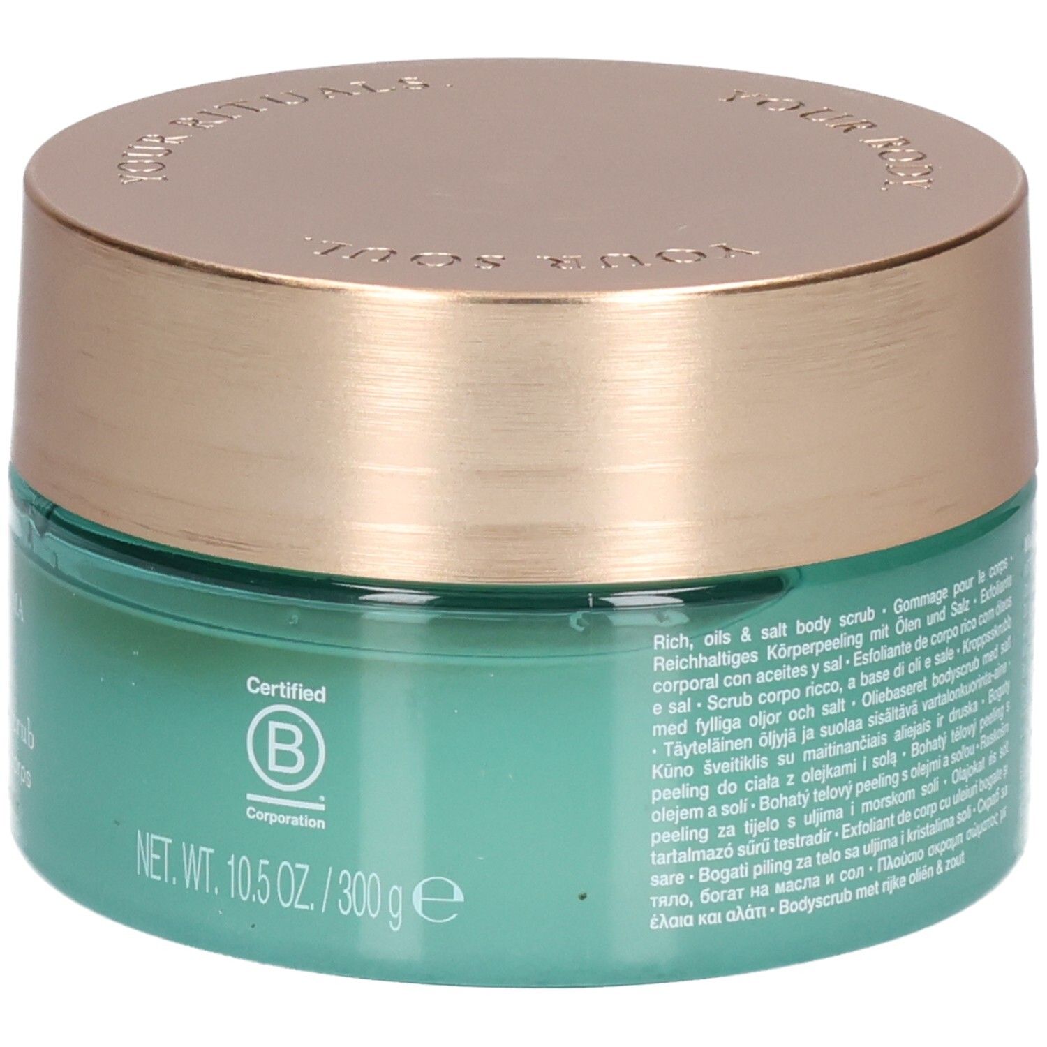 Achterkant van de RITUALS The Ritual of Karma body scrub met meertalige inhoudsinformatie en B Corp logo.