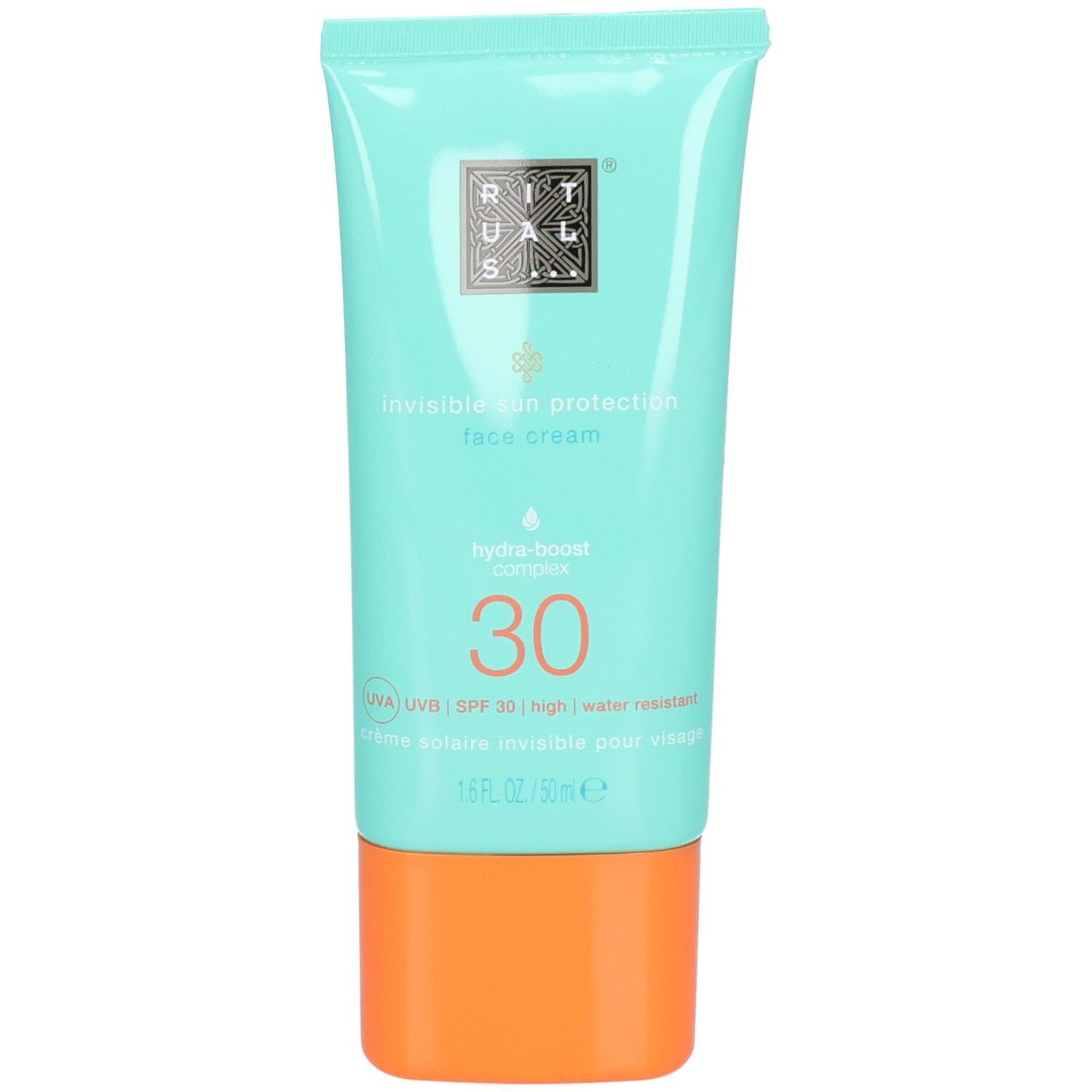 Turquoise tube met oranje dop. Zonnebrand gezichtscrème SPF 30.
