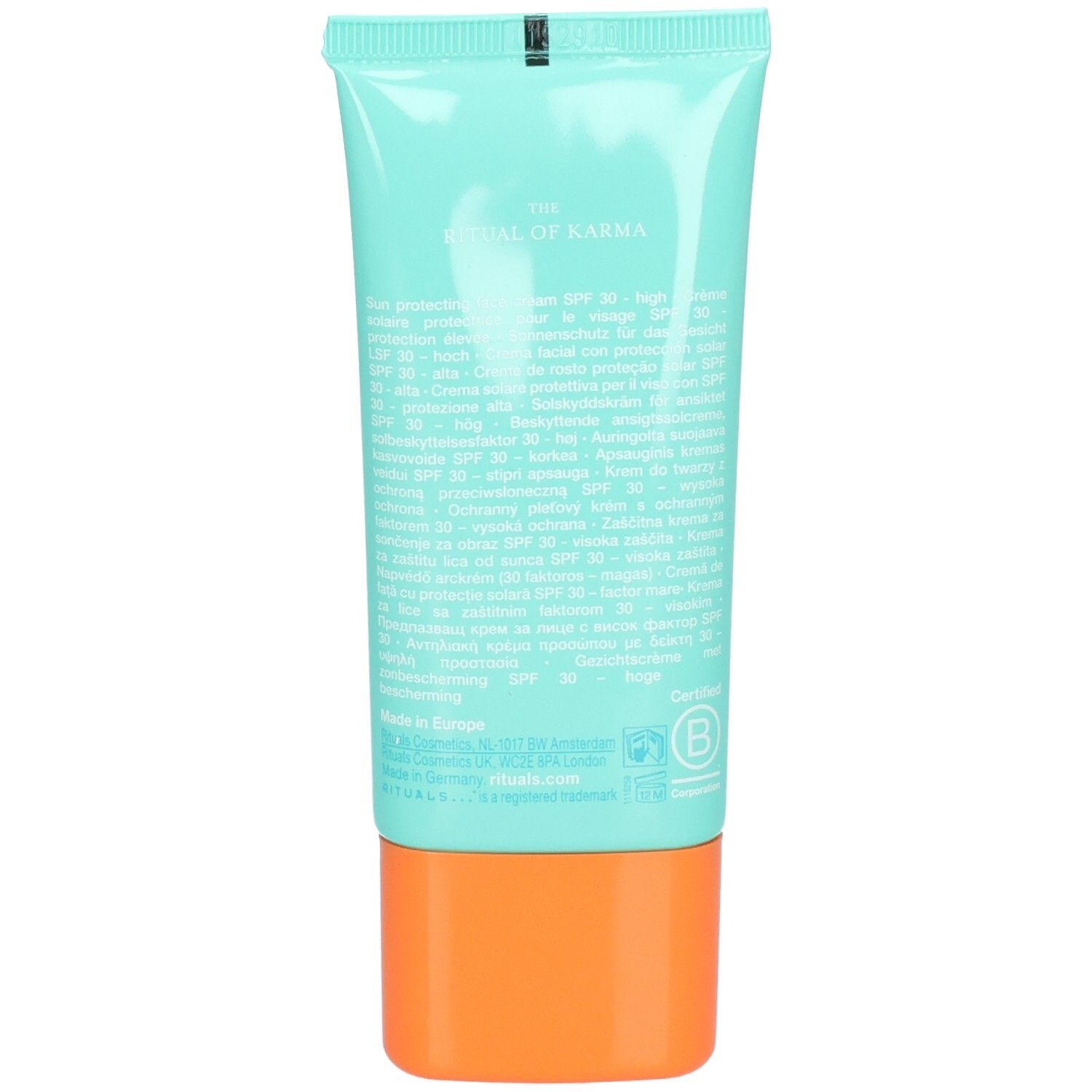 Achterkant van een turquoise tube met oranje dop. Bevat productinformatie en ingrediënten.