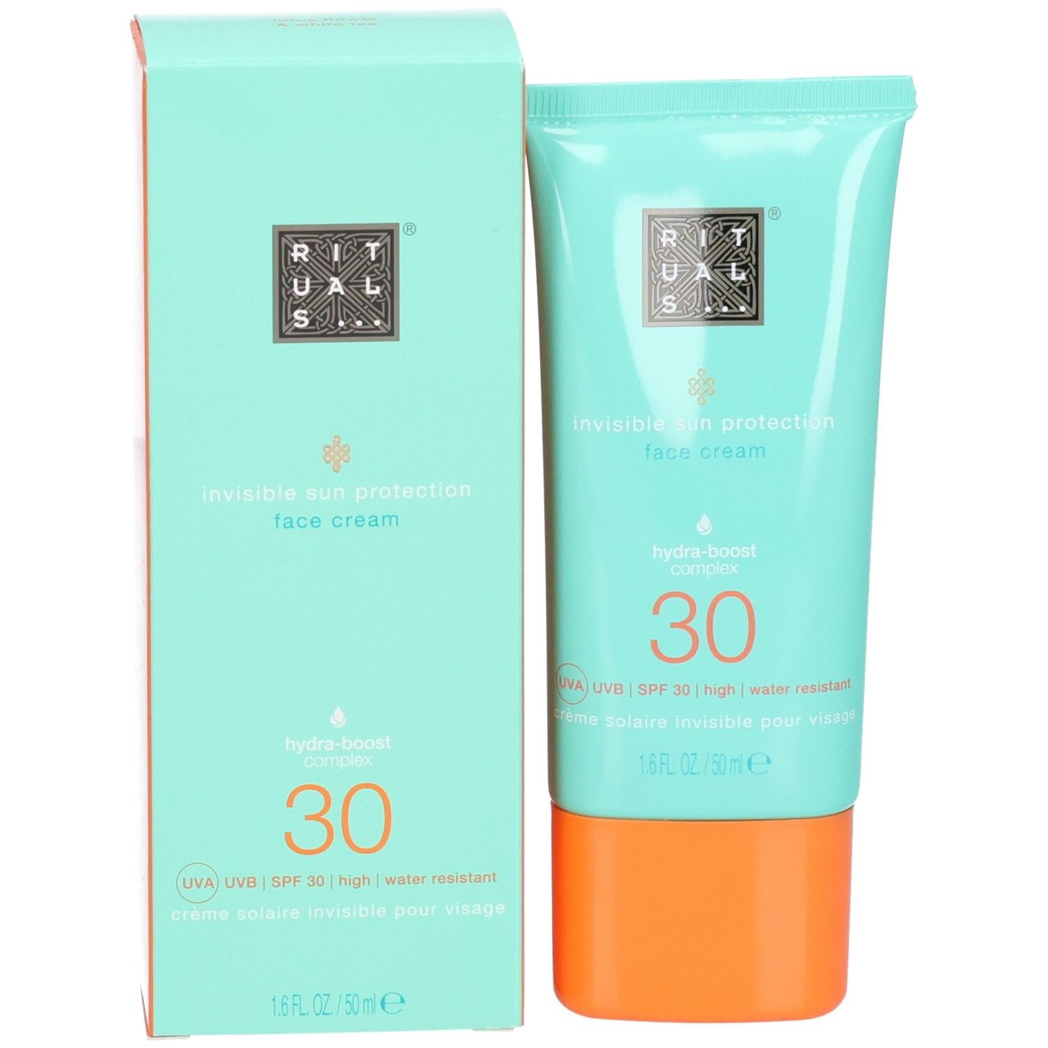 Turquoise vouwdoos en tube met oranje dop. Zonnebrand gezichtscrème SPF 30.