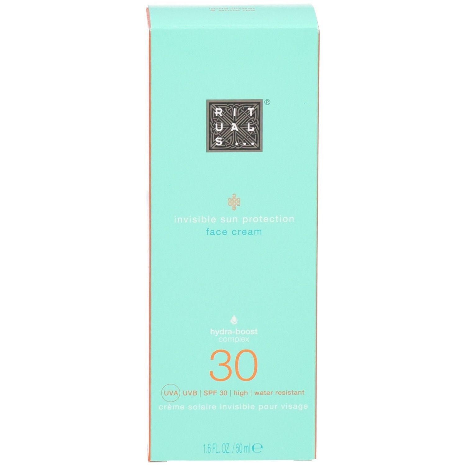 Turquoise vouwdoos met oranje voorkant. Zonnebrand gezichtscrème SPF 30.