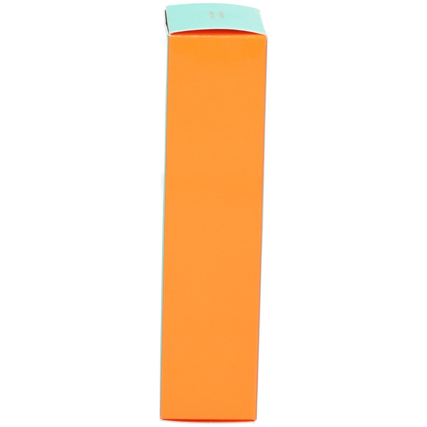 Zijaanzicht van een turquoise en oranje vouwdoos. Zonnebrand gezichtscrème SPF 30.