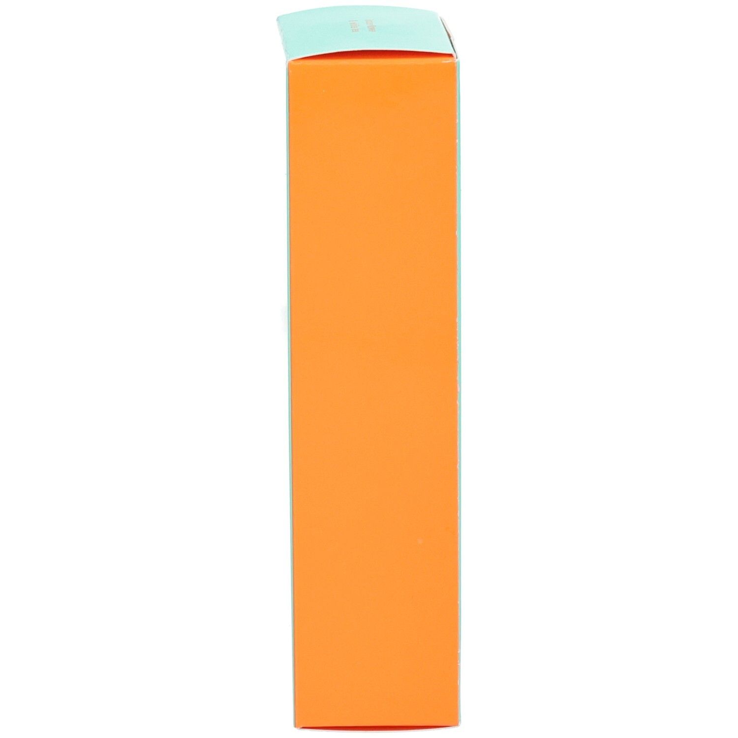 Achterkant van een turquoise vouwdoos met oranje zijkant. Bevat productinformatie en ingrediënten.