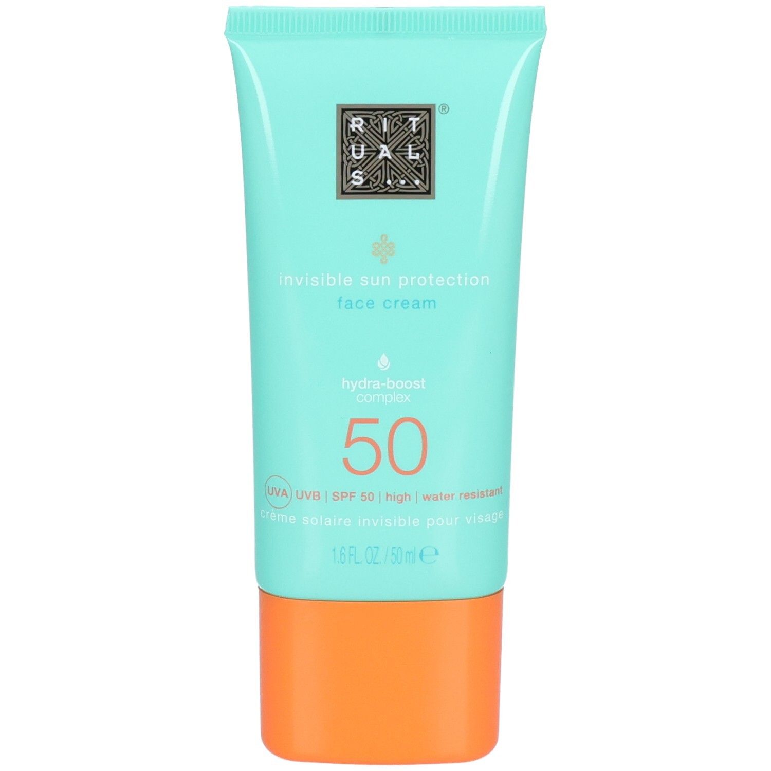 Tube turquoise de crème solaire visage SPF 50 avec bouchon orange.