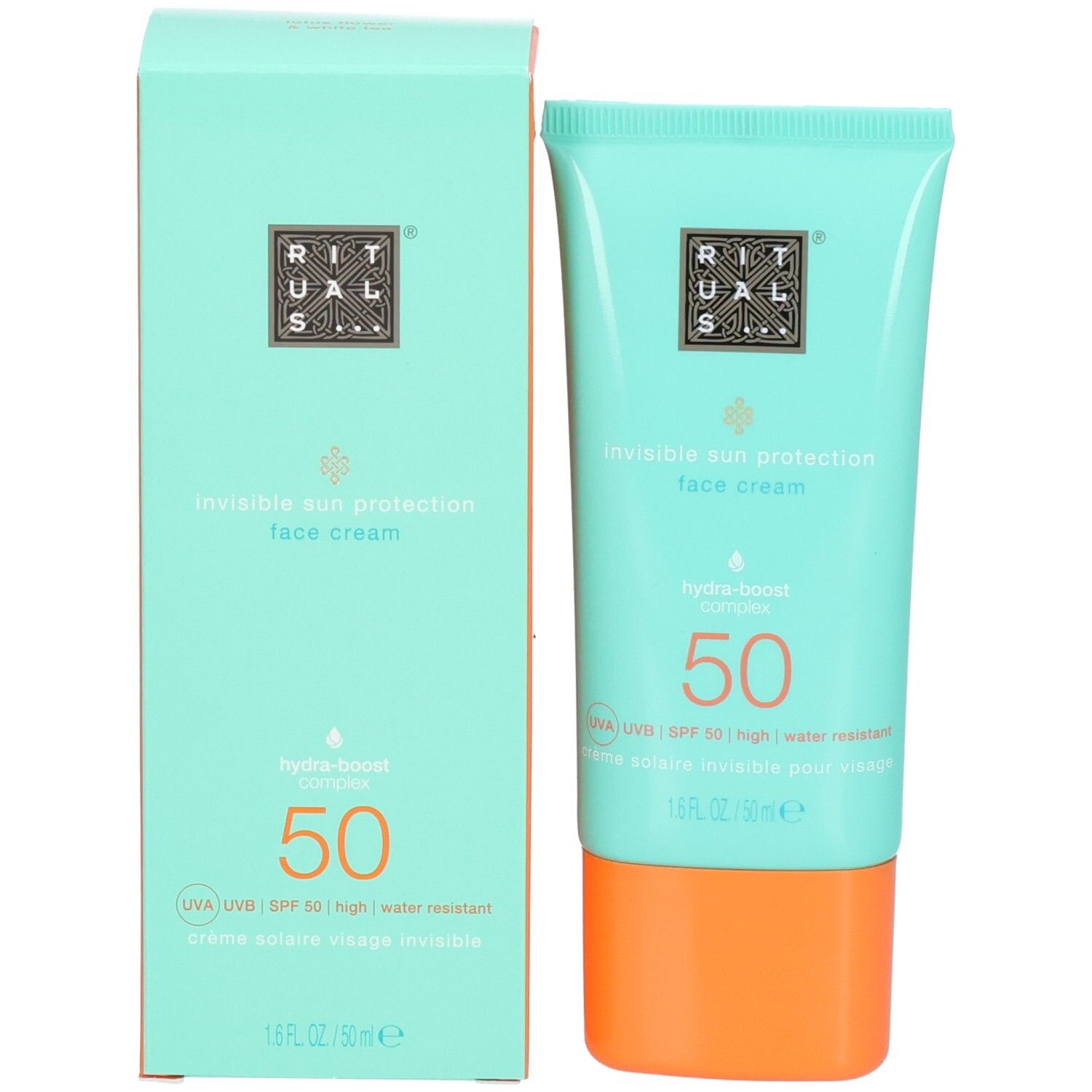Tube turquoise et boîte en carton pour crème solaire visage SPF 50.