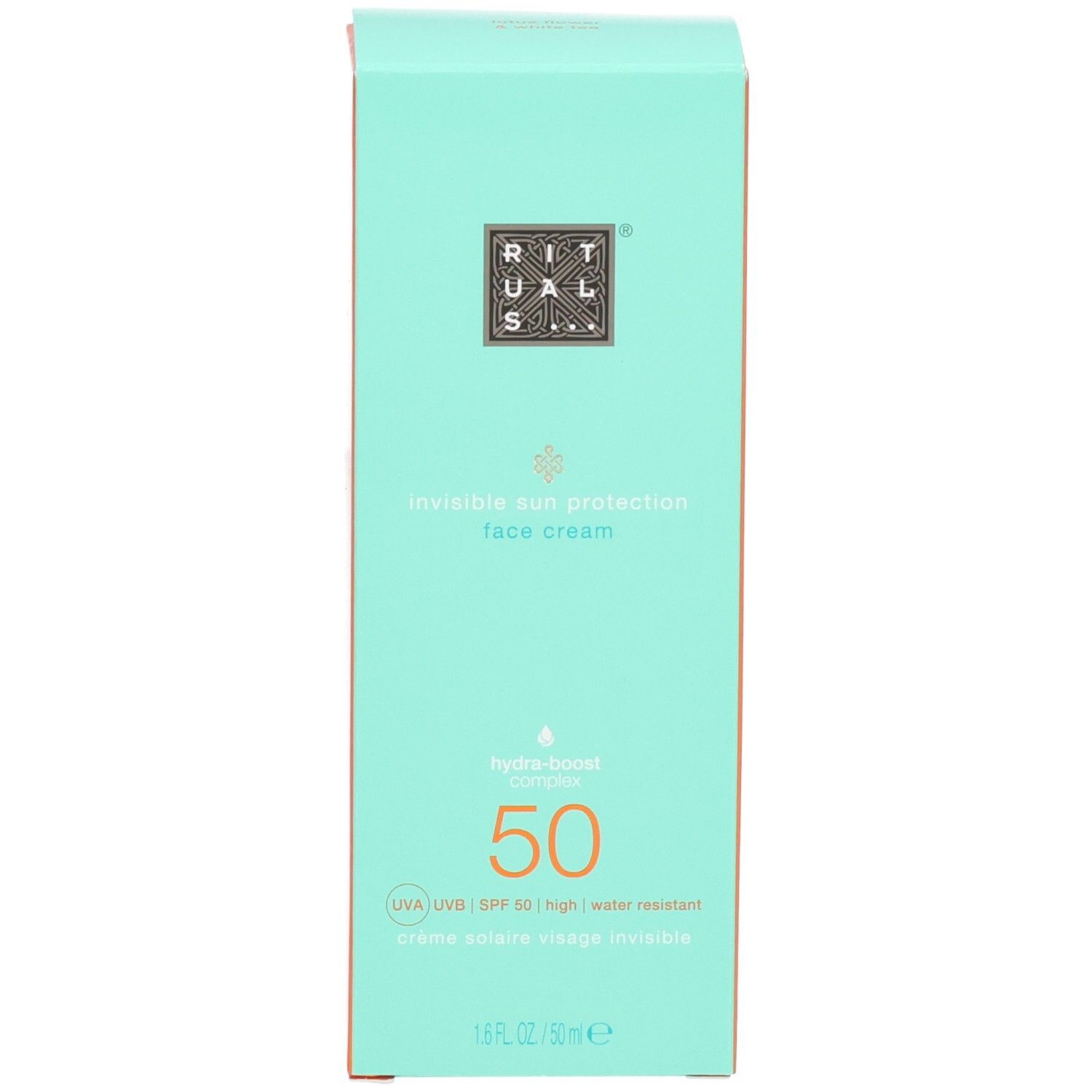 Avant d'une boîte en carton turquoise pour crème solaire visage SPF 50.
