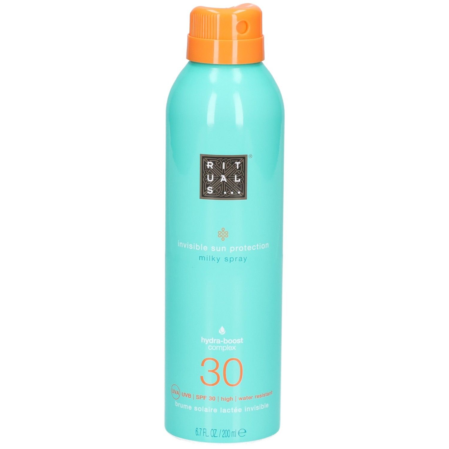 Flacon spray bleu sarcelle pour spray solaire LSF 30 avec bouchon orange.