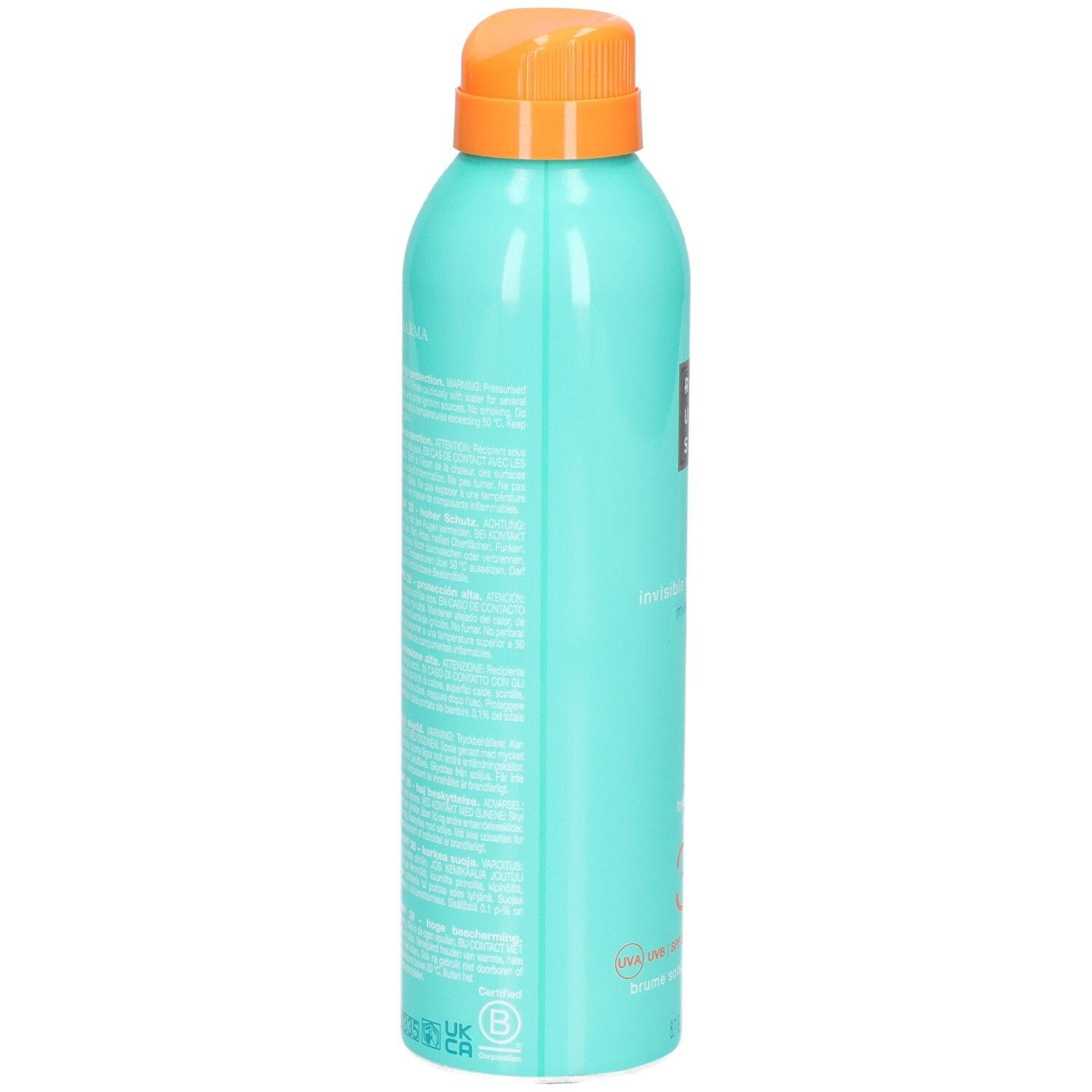 Arrière d'un flacon spray bleu sarcelle pour spray solaire LSF 30, avec texte.