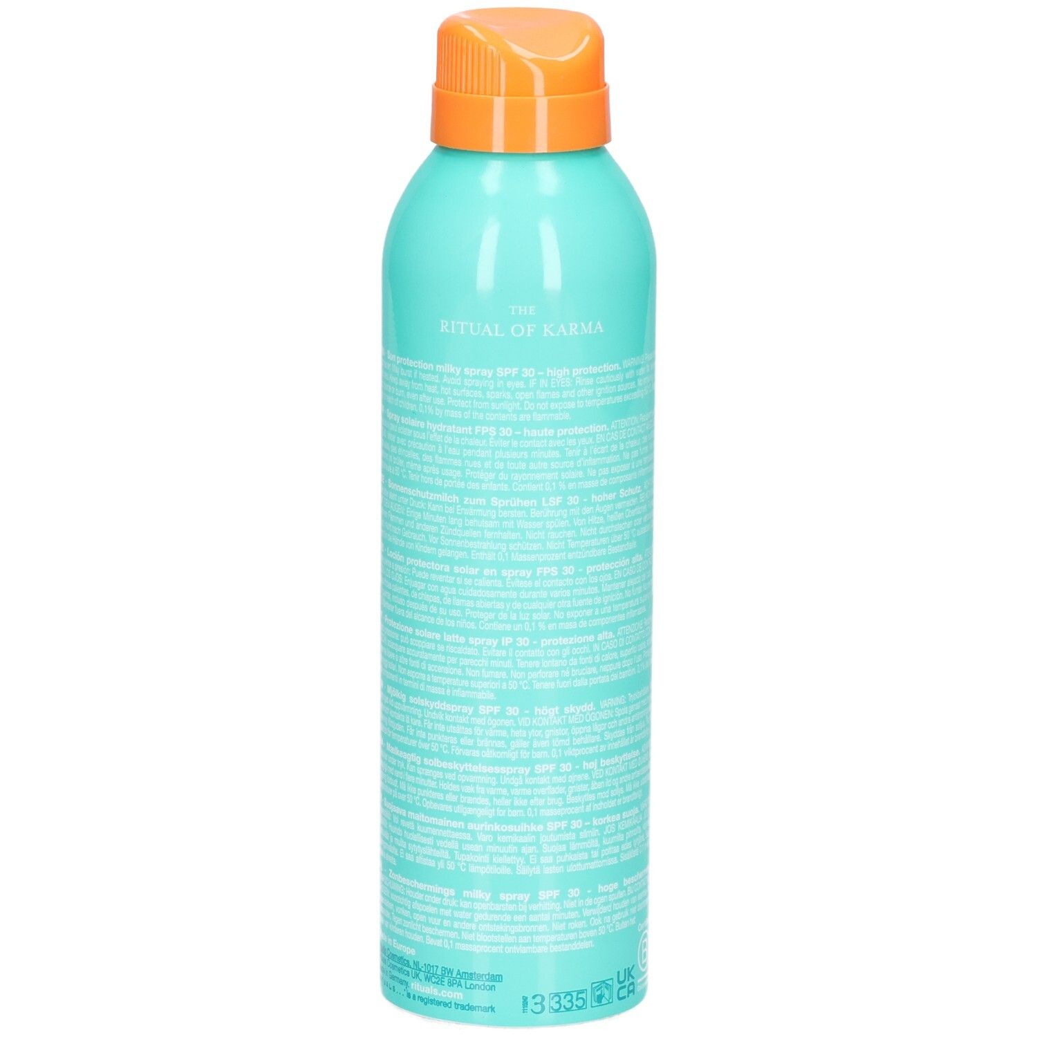 Arrière d'un flacon spray bleu sarcelle pour spray solaire LSF 30, avec texte.