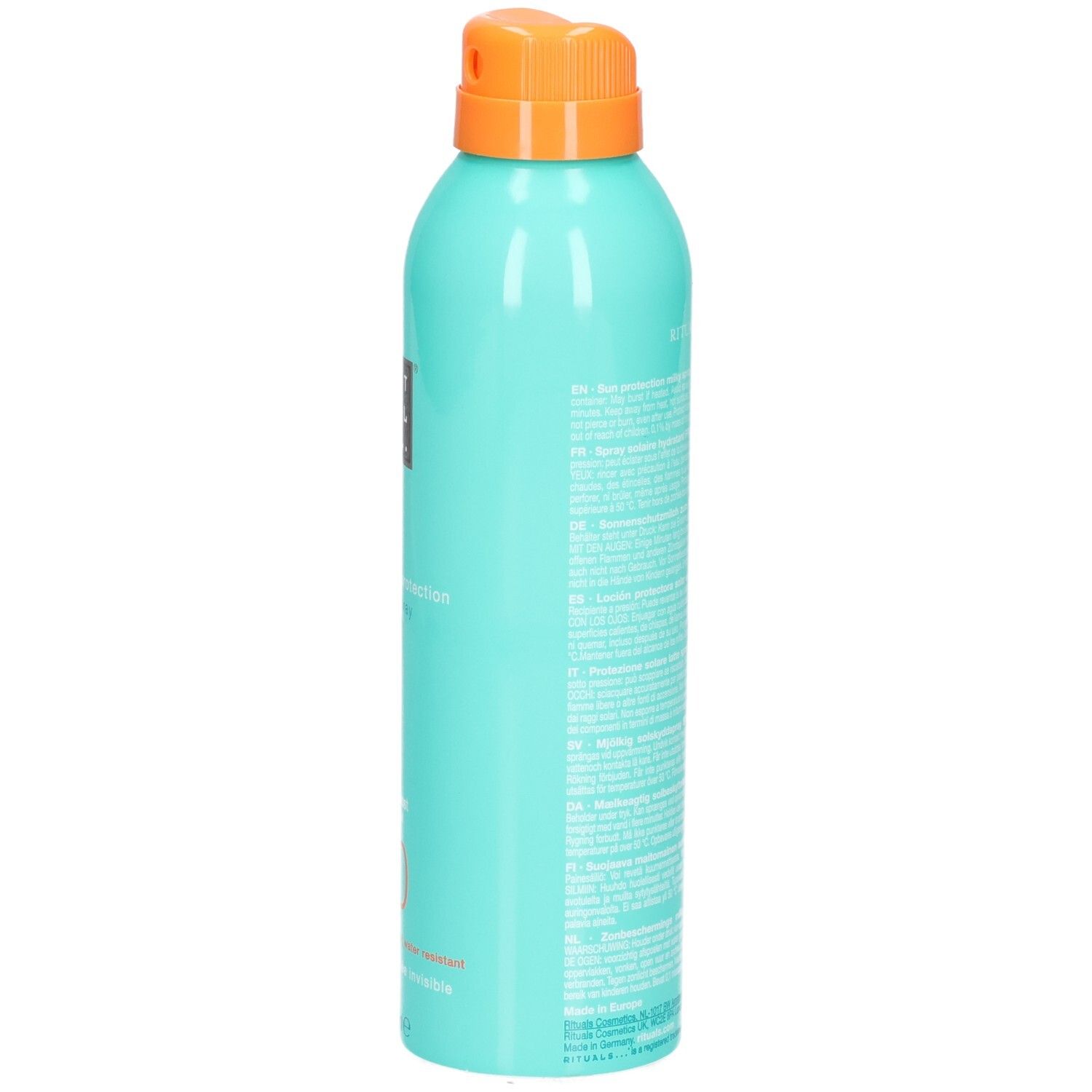 Flacon spray bleu sarcelle pour spray solaire LSF 30 avec bouchon orange.