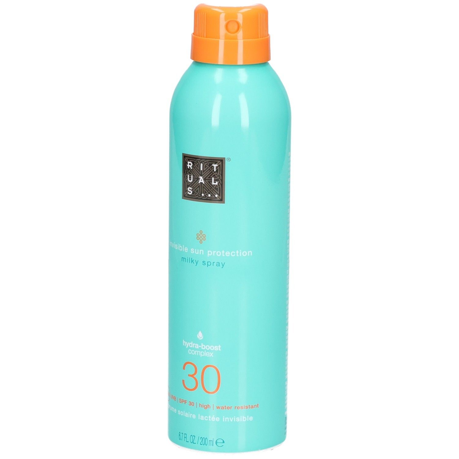 Flacon spray bleu sarcelle pour spray solaire LSF 30 avec bouchon orange.