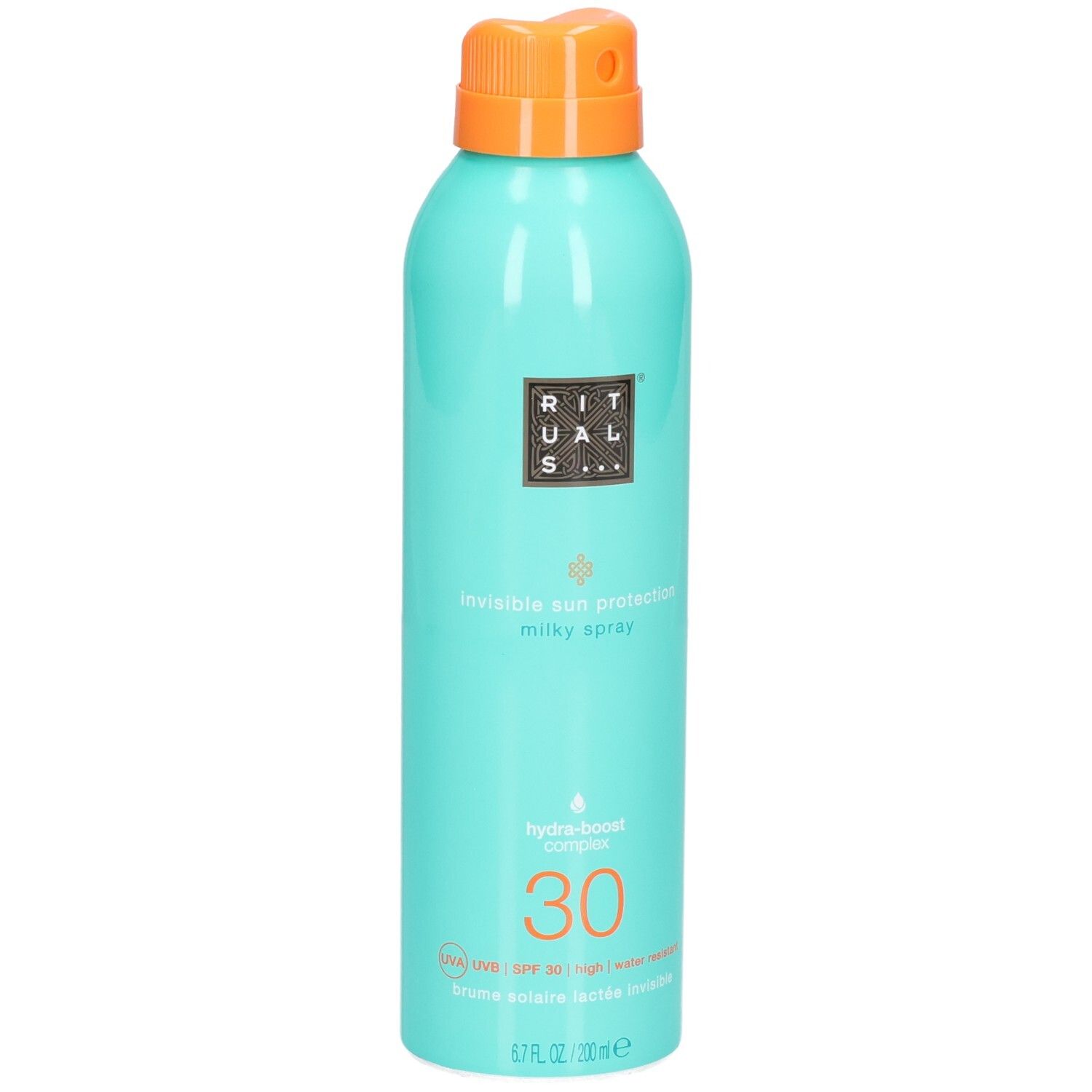 Flacon spray bleu sarcelle pour spray solaire LSF 30 avec bouchon orange.