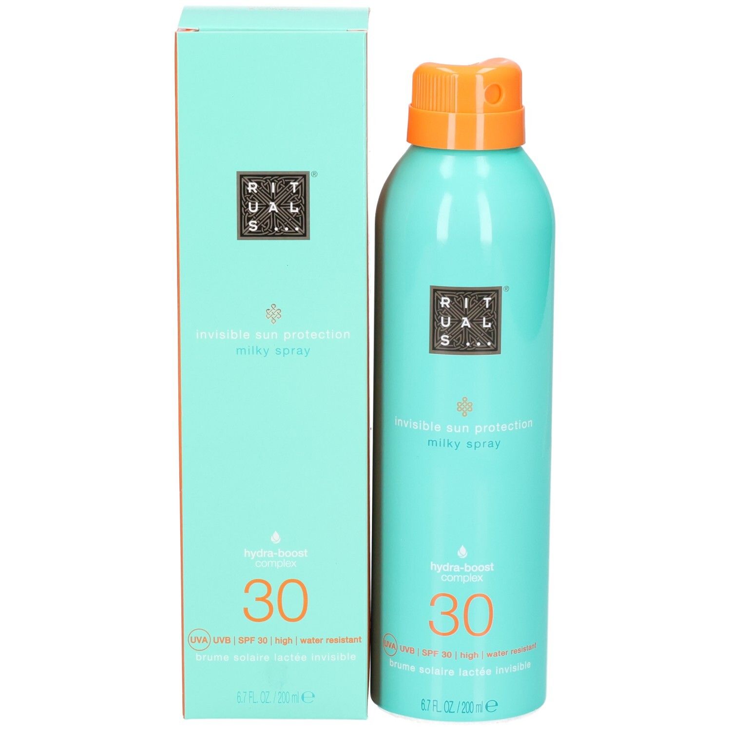 Flacon spray bleu sarcelle pour spray solaire LSF 30 avec bouchon orange, à côté de sa boîte.