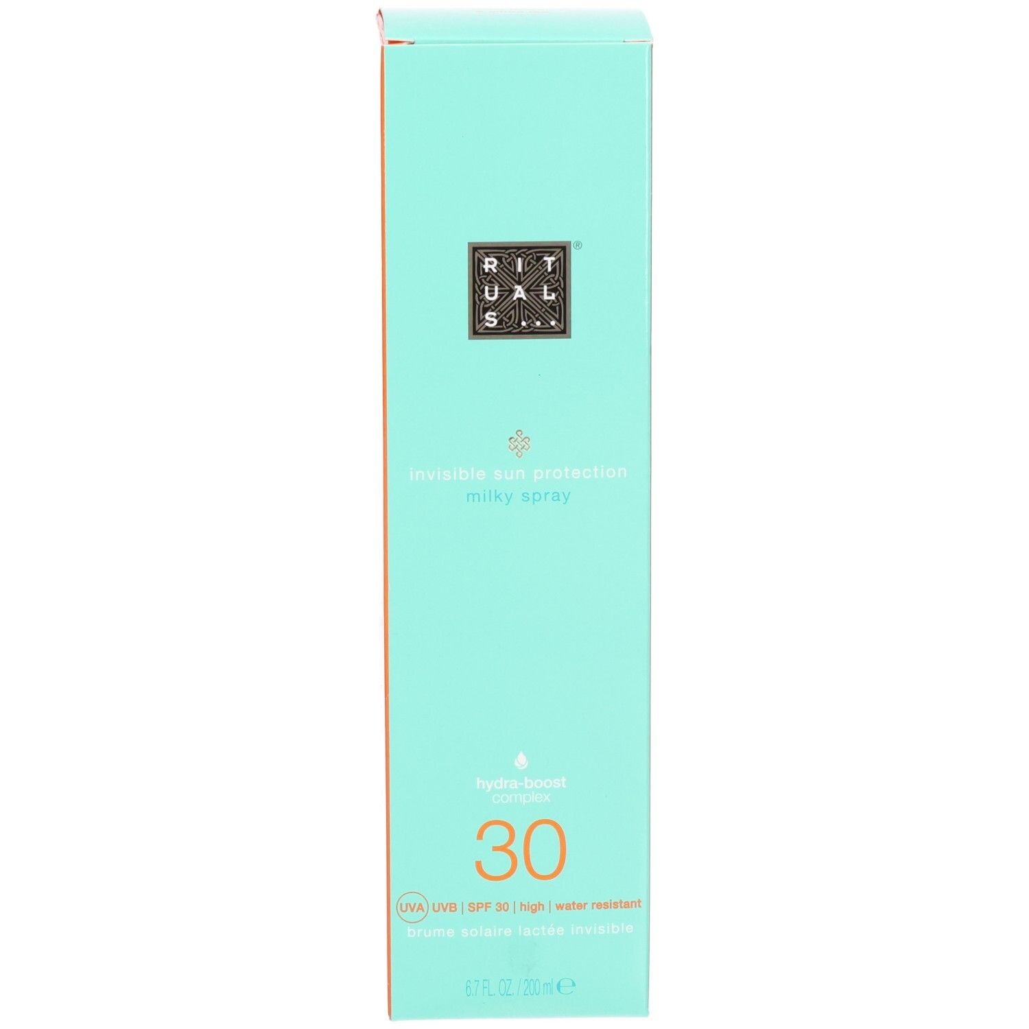 Boîte bleu sarcelle pour spray solaire LSF 30 avec bouchon orange.