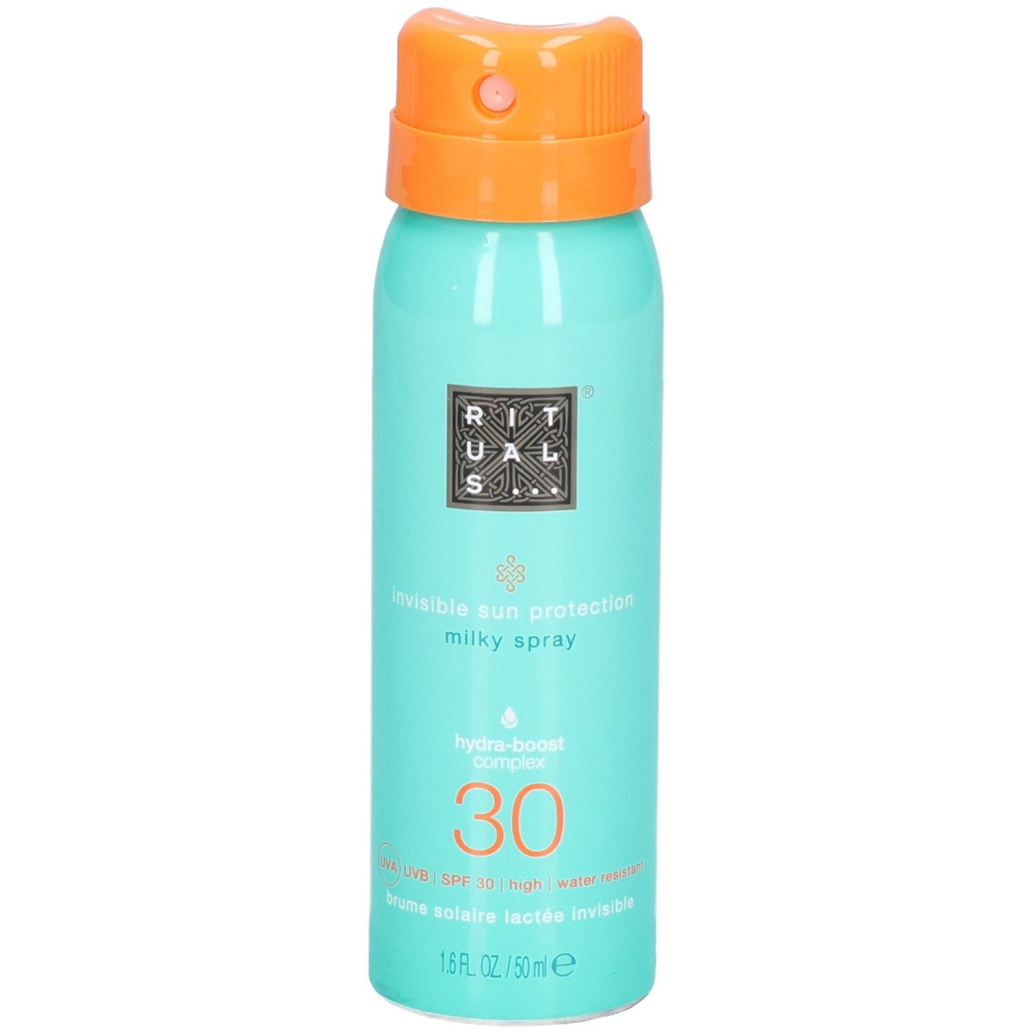 RITUALS zonnebrandspray SPF 30, mintgroen blikje met oranje spuitkop.