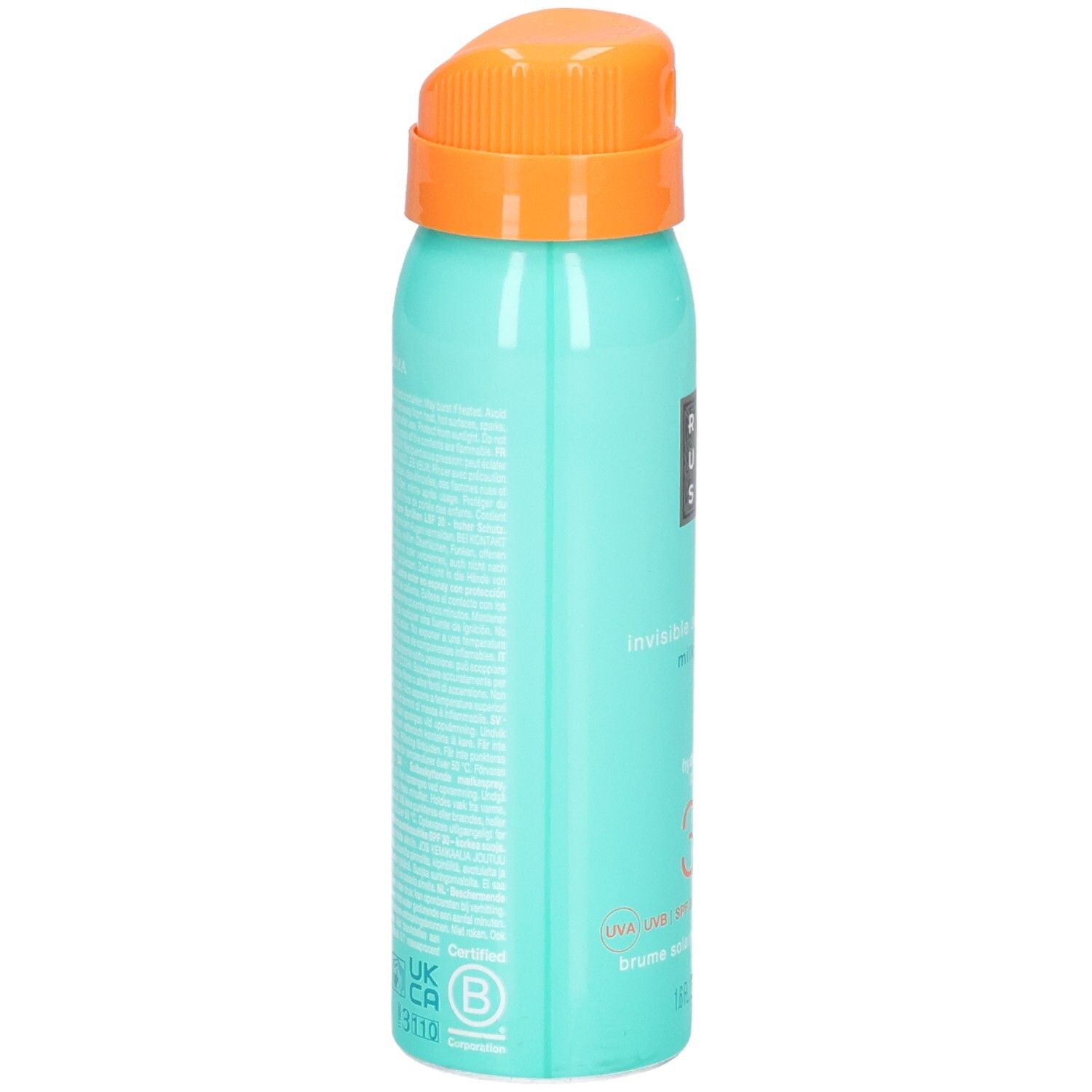 Achterkant van het RITUALS zonnebrandspray SPF 30 blikje met productinformatie.