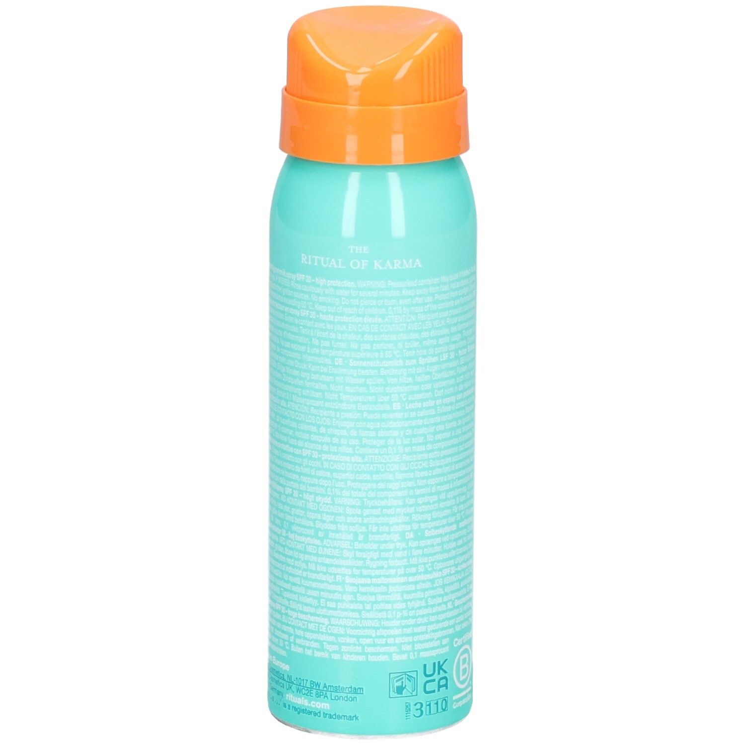Achterkant van het RITUALS zonnebrandspray SPF 30 blikje met tekst.
